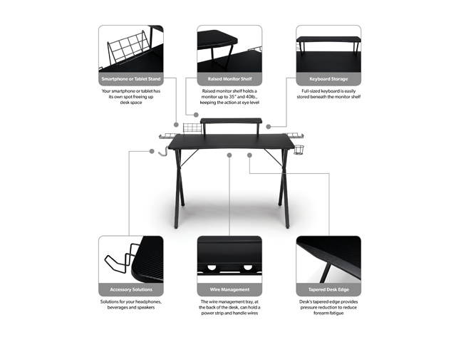 Essentials Collection 55" Gaming Computer Desk, 35" Monitor Shelf, X-Base, in Black/Black (ESS-1100-BLK-BLK)
