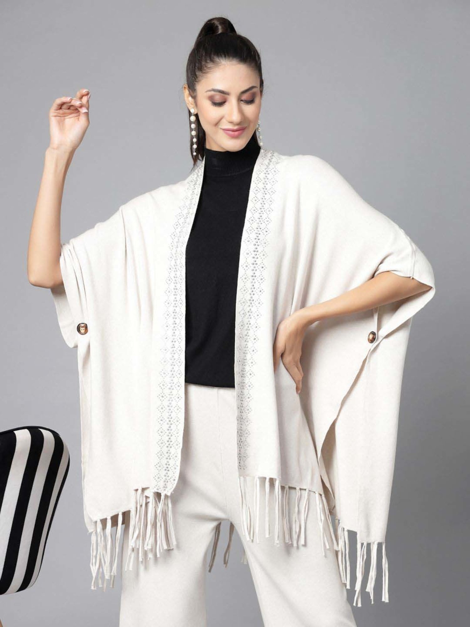 Mafadeny White Embellished Top Pants Set With Shrug