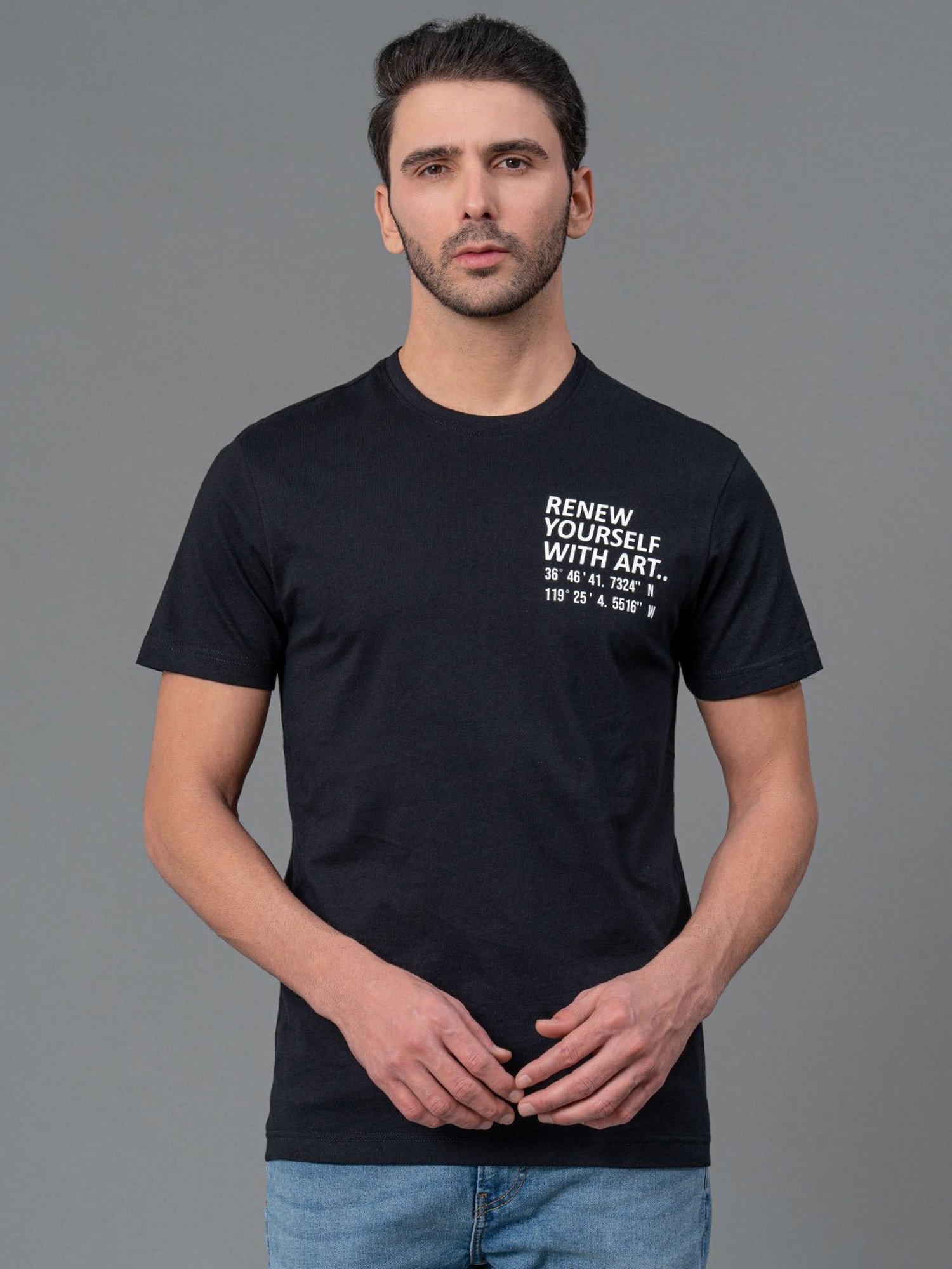 Red Tape Black Regular Fit Graphic Print Cotton Crew T-Shirt