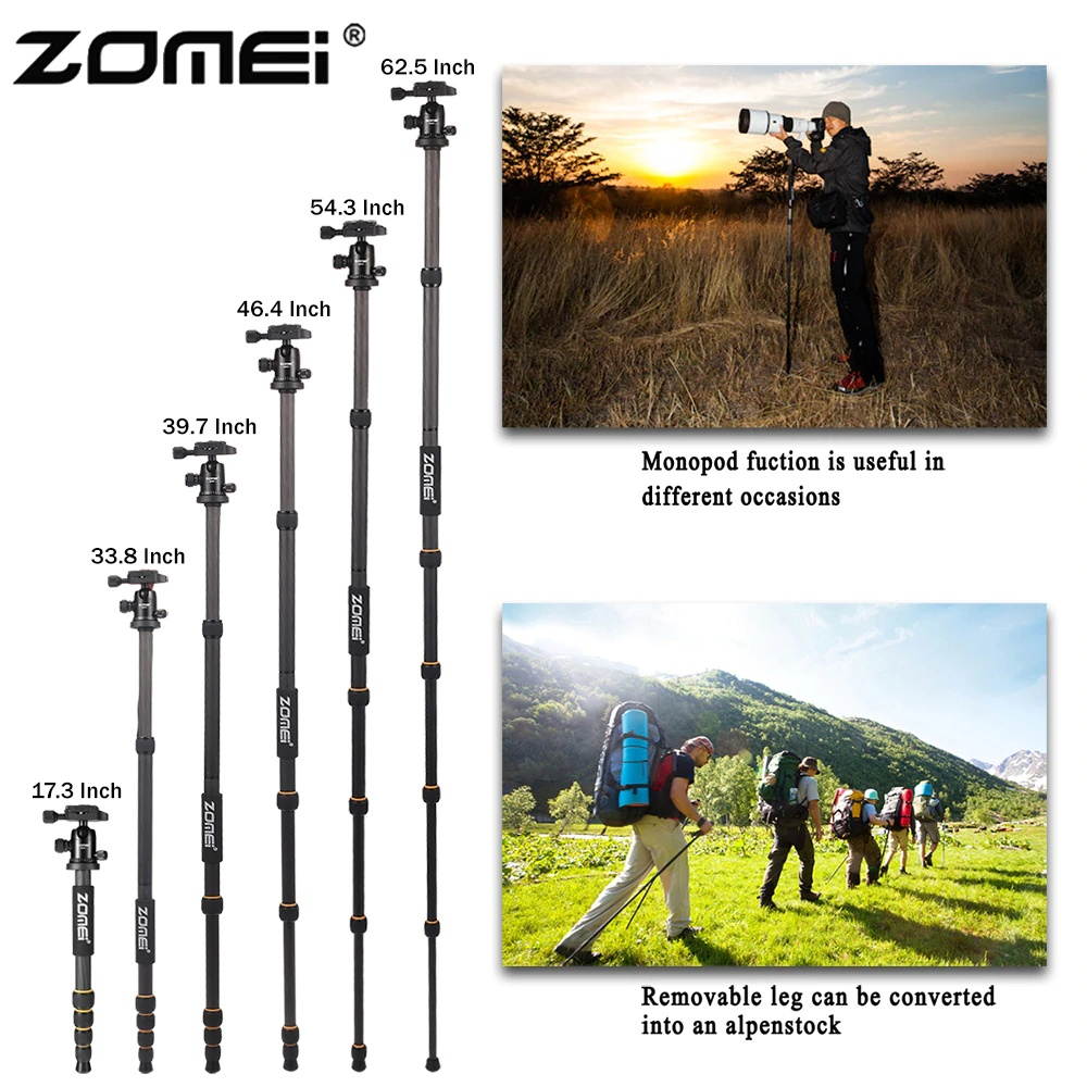 Q666C Professional travel portable carbon fiber tripod Monopod&Ball head for DSLR digital camera stand