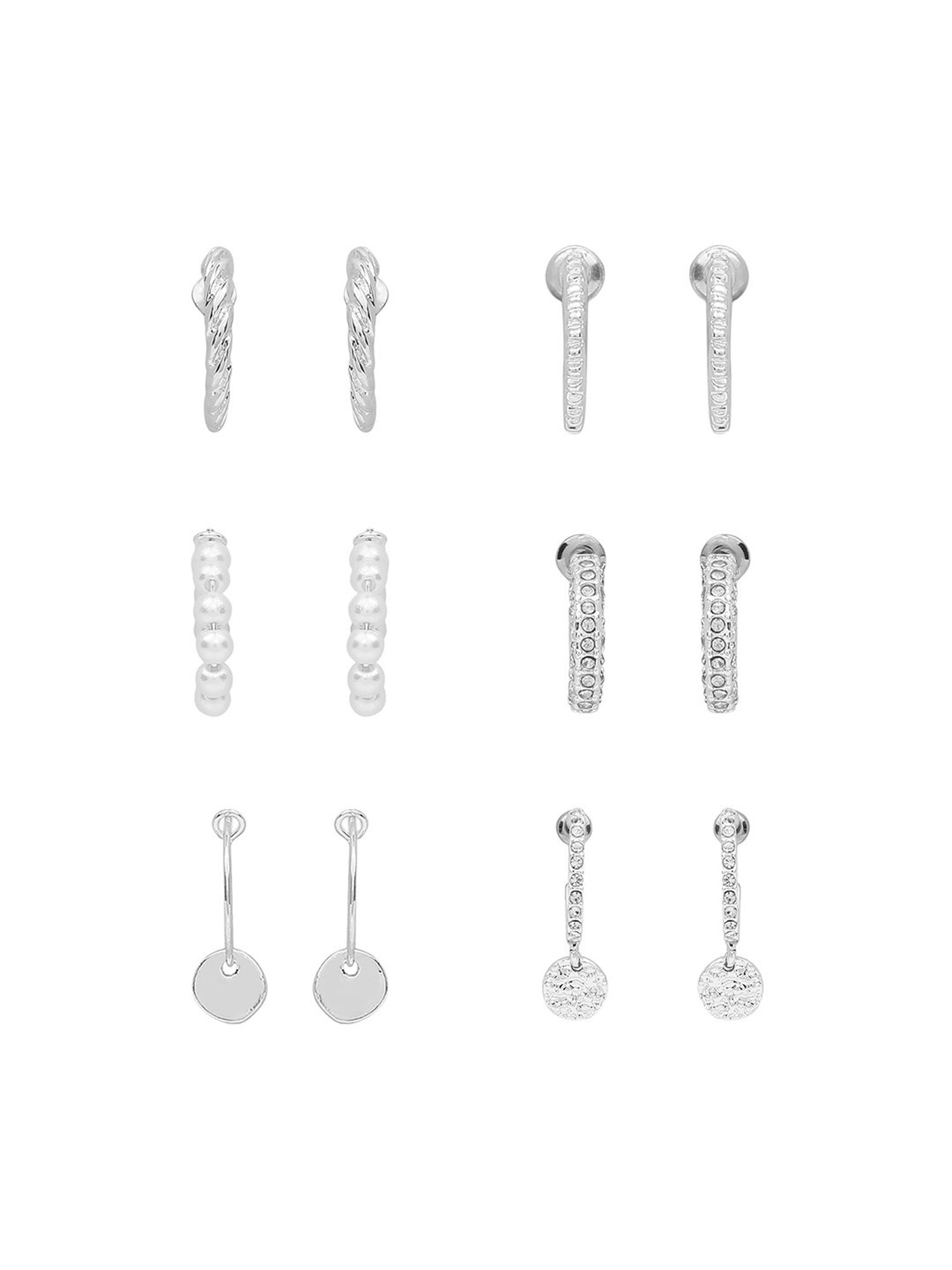 Lilly & Sparkle Silver-Toned Pearl and Crystal Studded Hoop Earrings - Set of 6