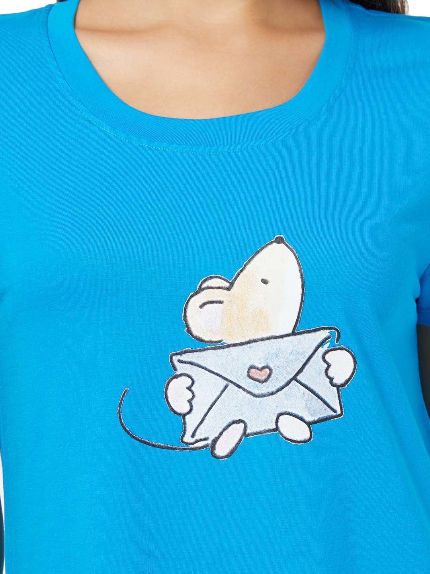 Soie Blue Cotton Printed Sleep T-Shirt