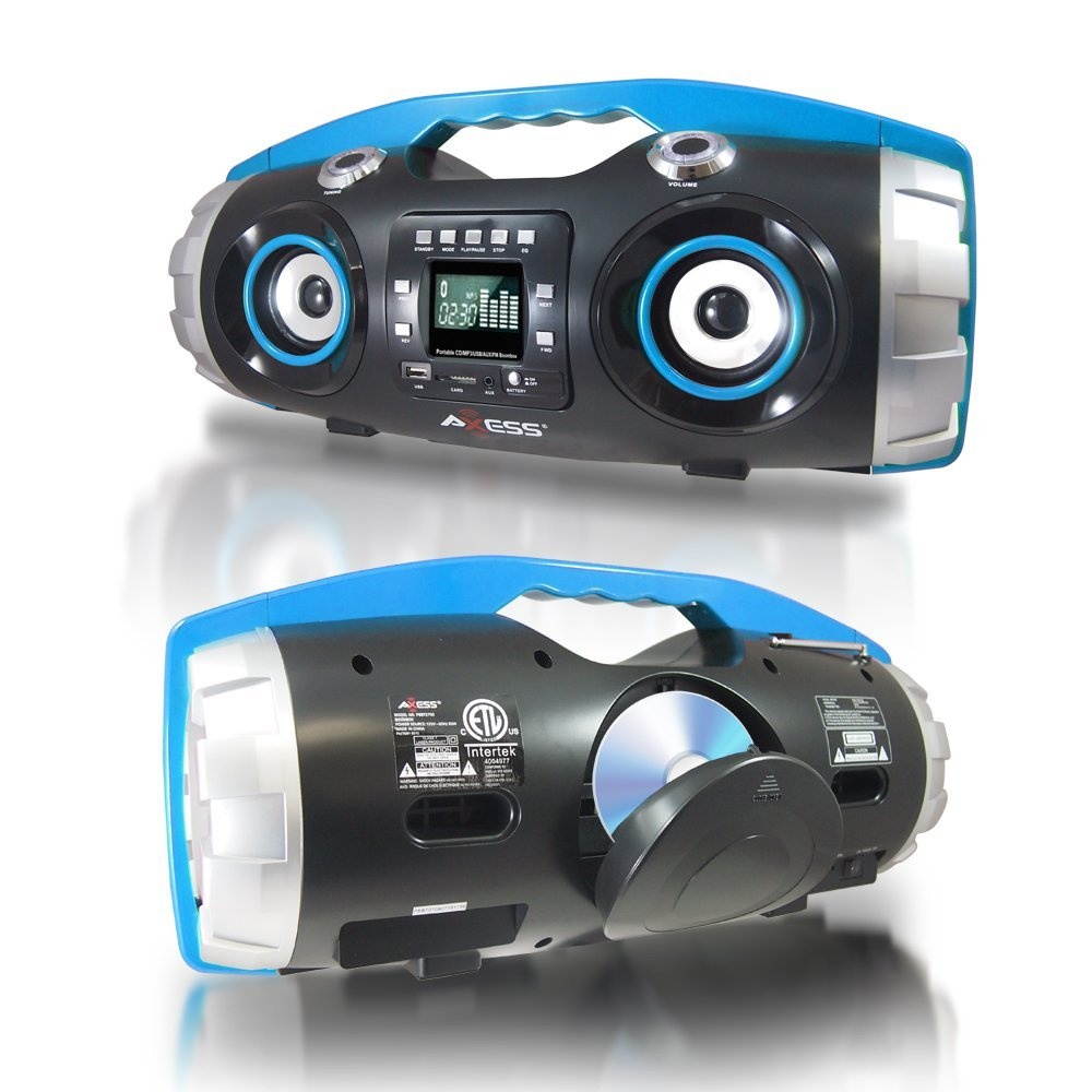 AXESS PBBT2709BL Portable Bluetooth FM Radio/CD/MP3/USB/SD Heavy Bass Boombox (Blue)