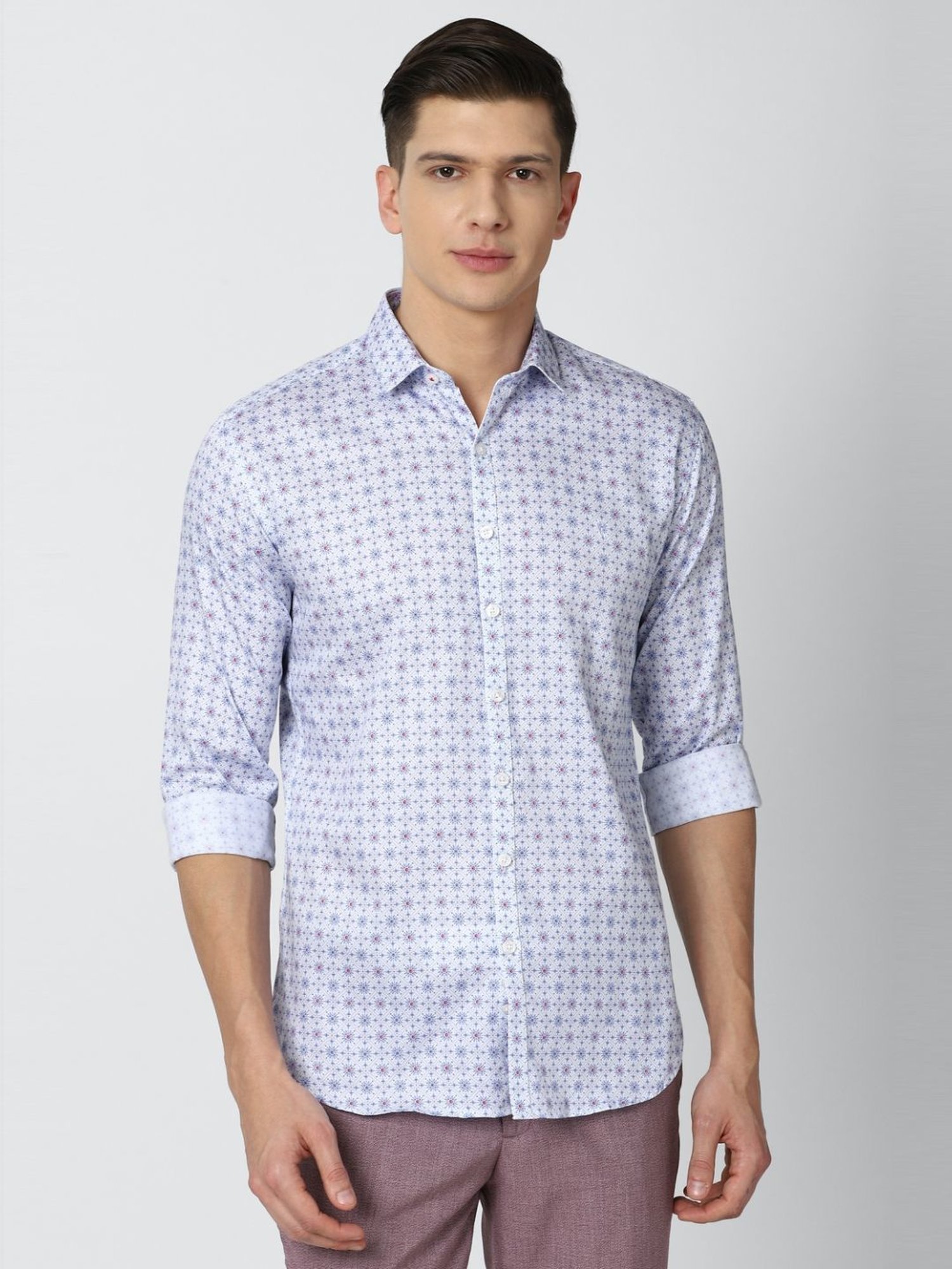 V Dot Blue Cotton Slim Fit Printed Shirt