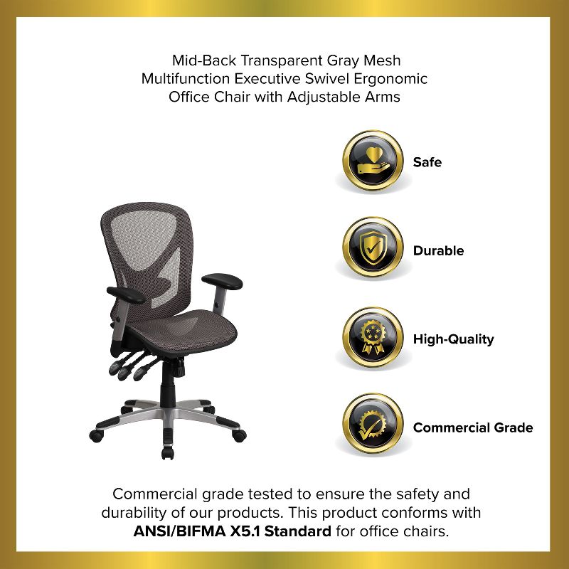 Emma and Oliver Mid-Back Transparent Gray Mesh Multifunction Ergonomic Office Chair - Arms