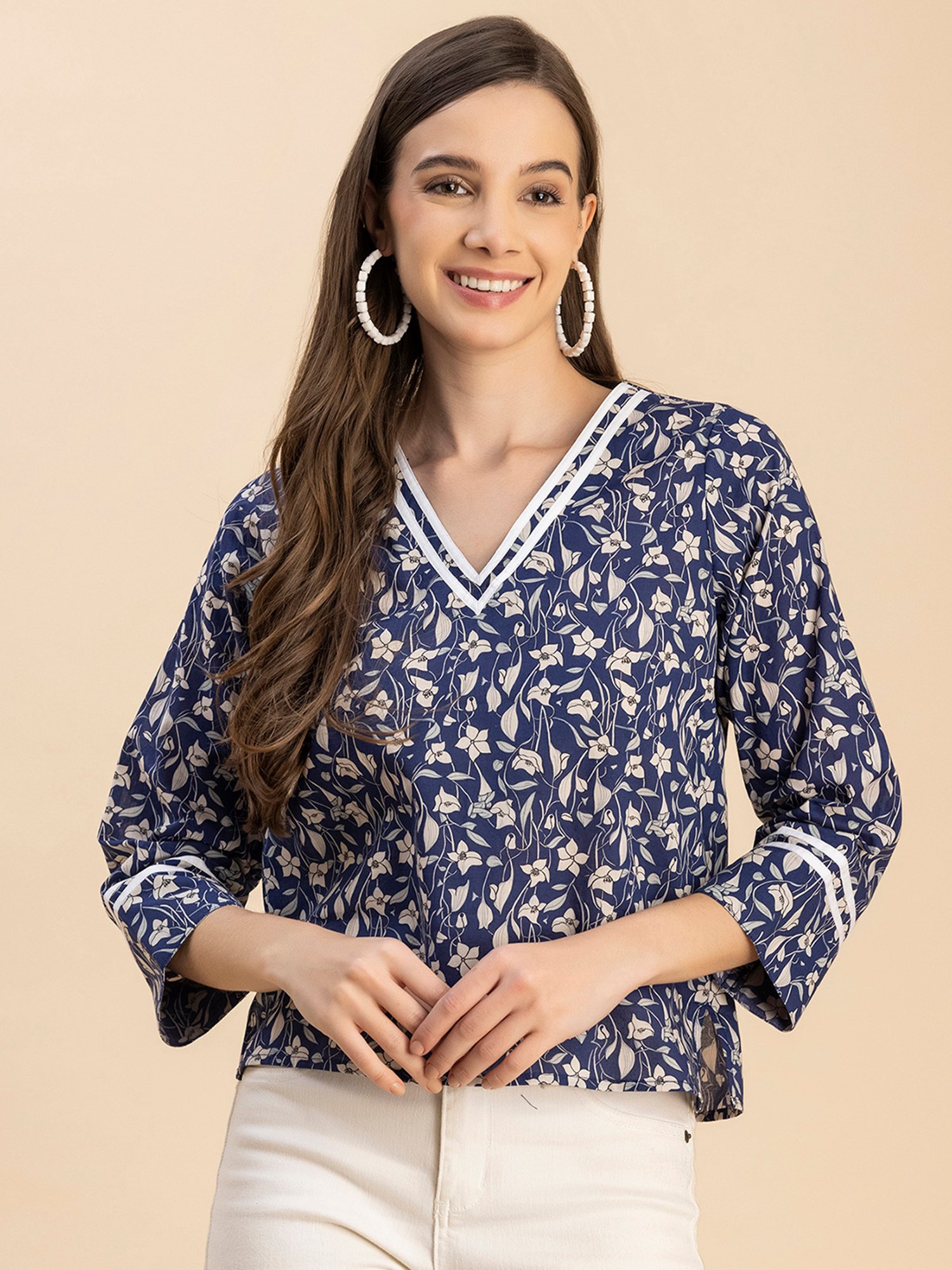Moomaya Navy Cotton Printed Top