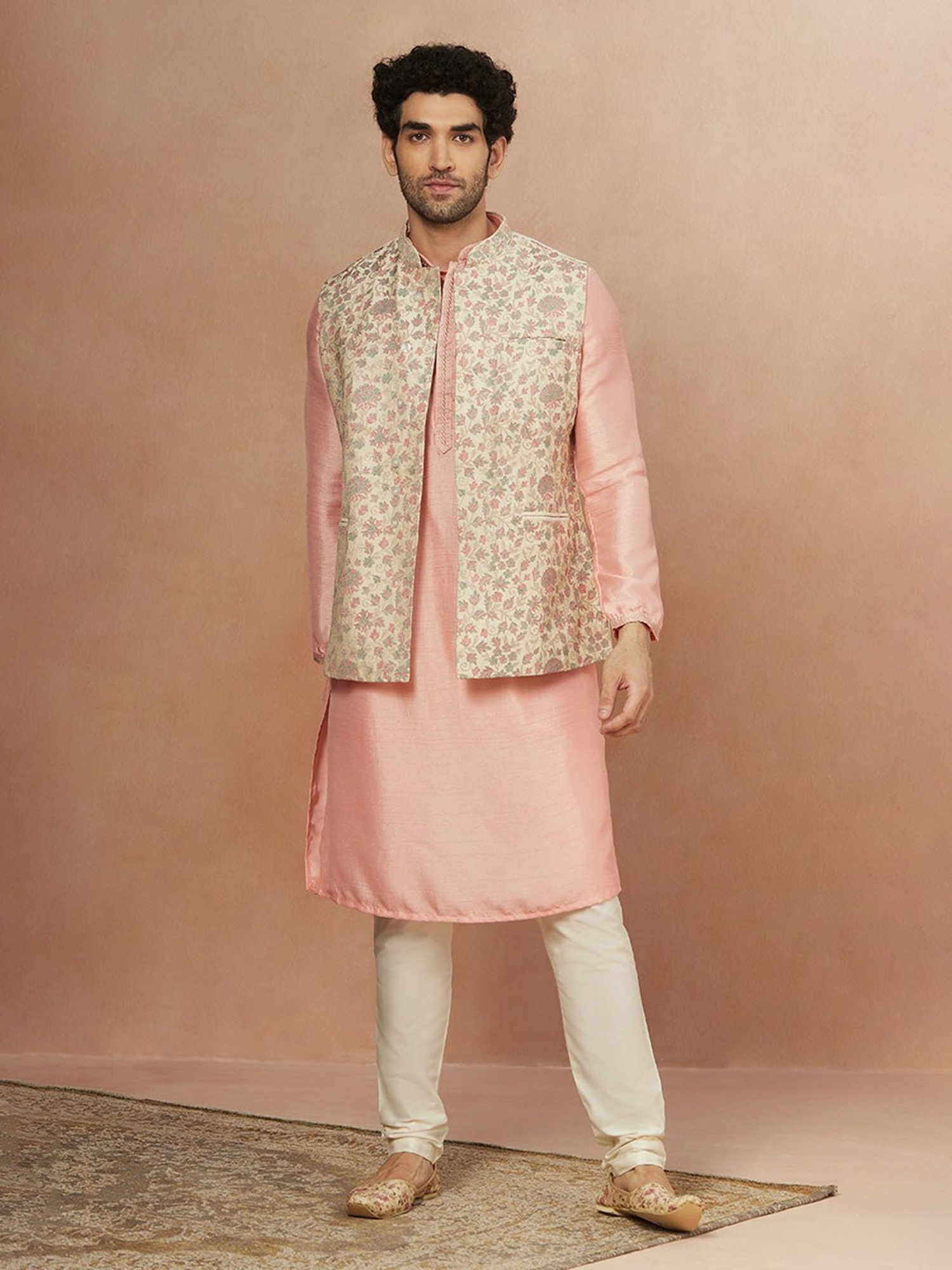 Manyavar Cream Floral Printed Nehru Jacket