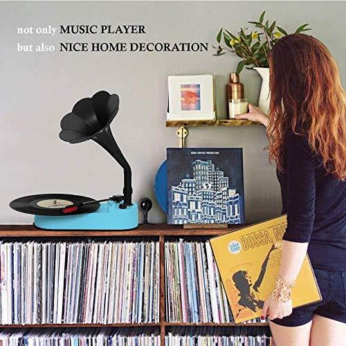 Turntable Record Player with Horn Speaker for 3345 RPM RecordsMini Gramophone Supporting Bluetooth Playback Blue