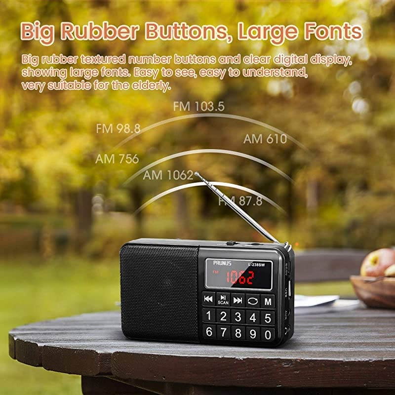 L238 AM FM Portable Radio Digital Battery Operated Radio with Neodymium Speaker SW Band Auto Save USB Flash Drive TF Card AUX Input MP3 Player Black