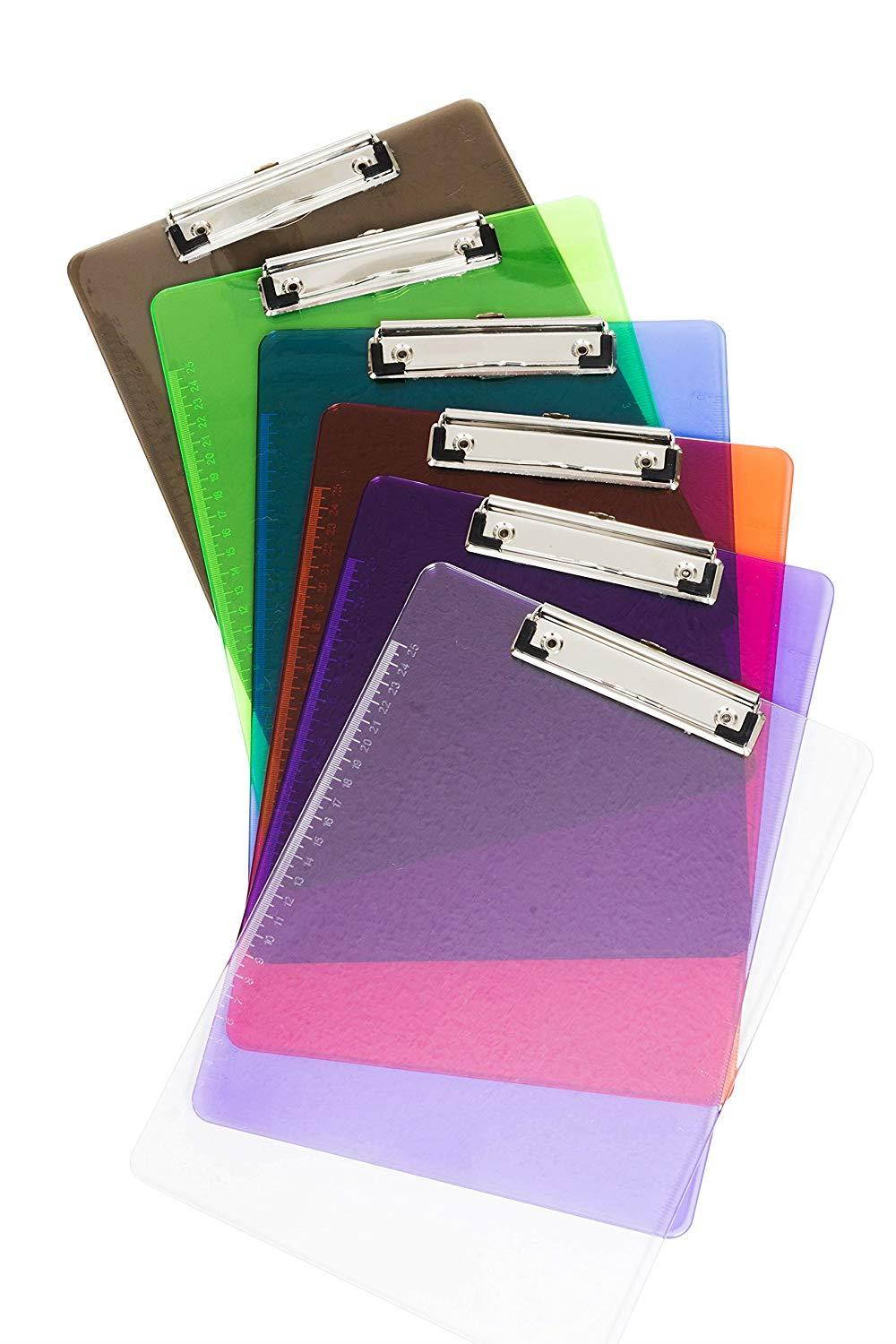 6 Pack Assorted Transparent Color Plastic Clipboards, 2.3mm Heavy Duty Board, Low Profile Clip, Clipboards for classrooms, Offices, Restaurants, Doctor Offices, 6 Plastic Clipboard Pack