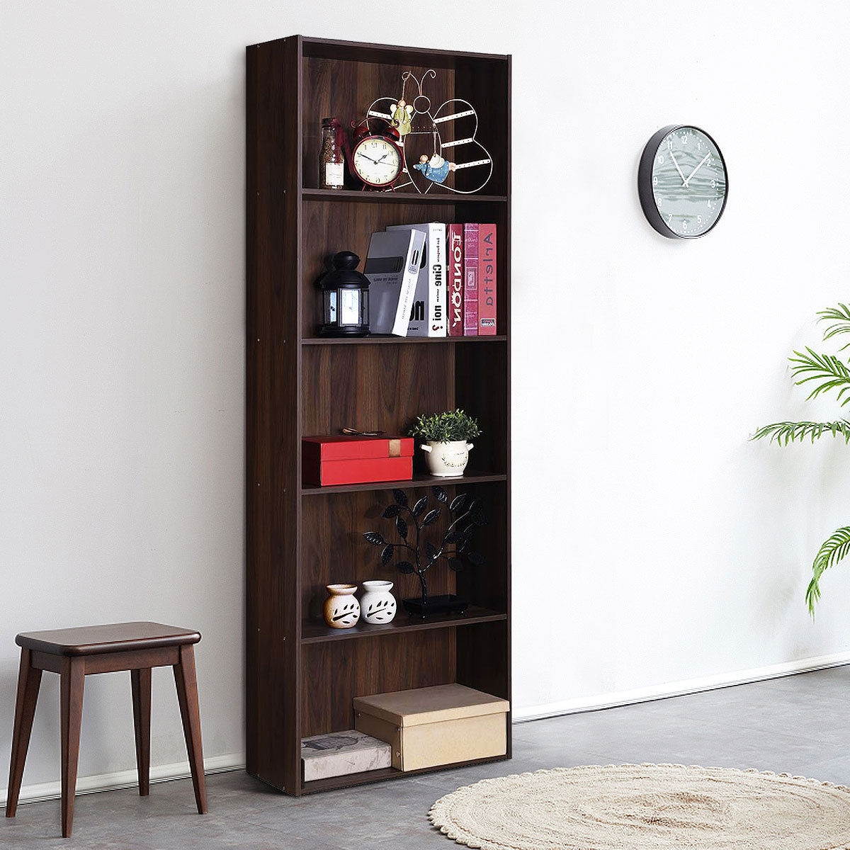 Costway 5-Shelf Storage Bookcase Stand Modern Multi-Functional Display Cabinet Walnut