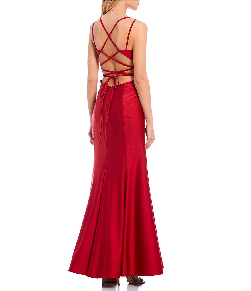 Morgan & Co. Double Spaghetti Strap Lace-Up Back Sateen Long Dress