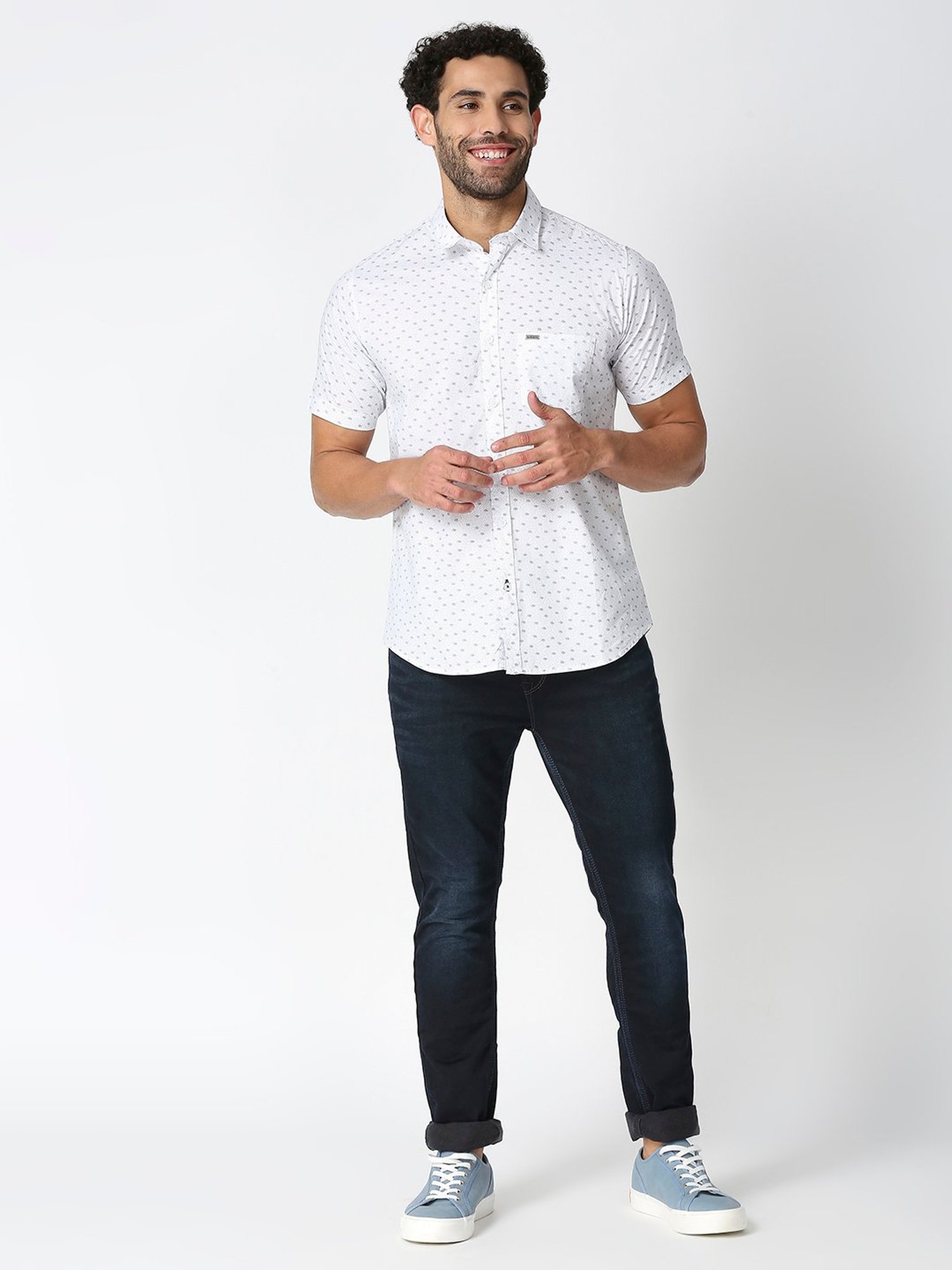 SOLEMIO White Slim Fit Printed Shirt
