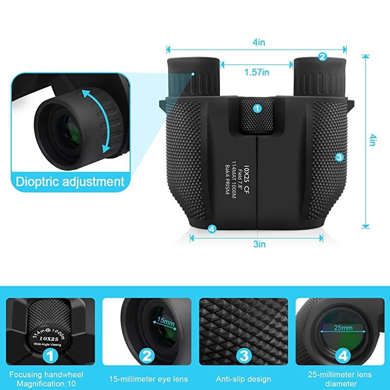 Binoculars for Adults Kids,  10x25 Folding Compact Binoculars with Weak Light Night Vision Clear for Birds Watching Hunting Traveling Concerts Outdoor Sports with Strap Carrying Bag