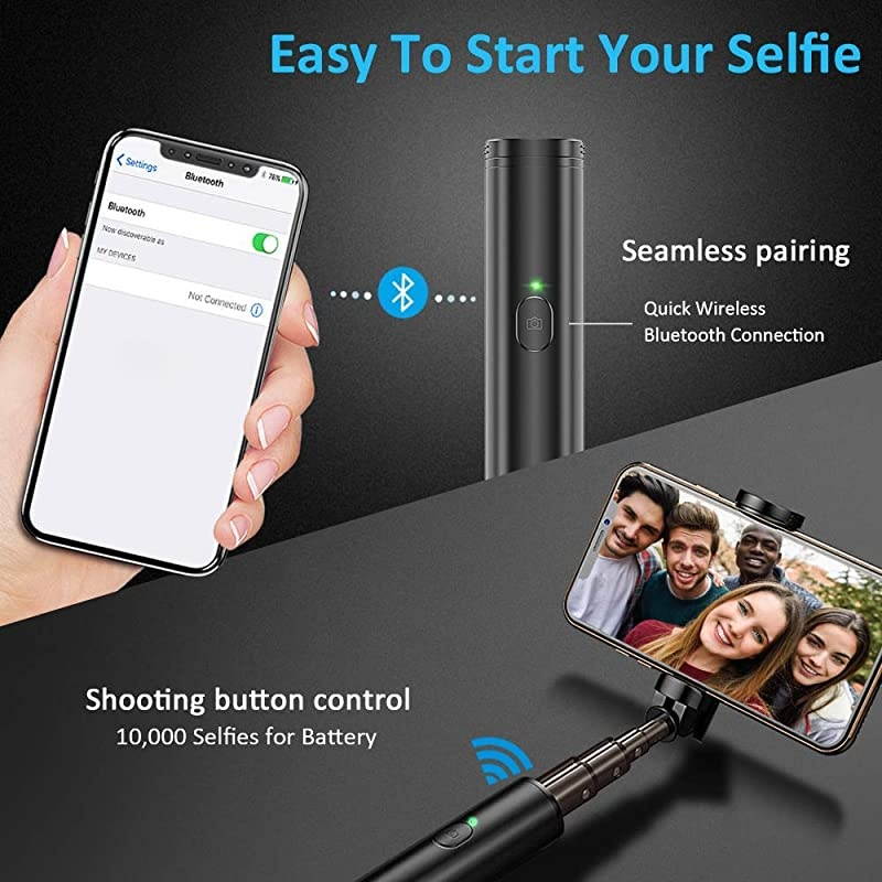 Selfie Stick Bluetooth, Lightweight Aluminum All in One Extendable Selfie Sticks Compact Design, Compatible with iPhone 12 Pro Max/12 Pro/12/11 Pro Max/11 Pro/11/XS Max, Galaxy S20, More