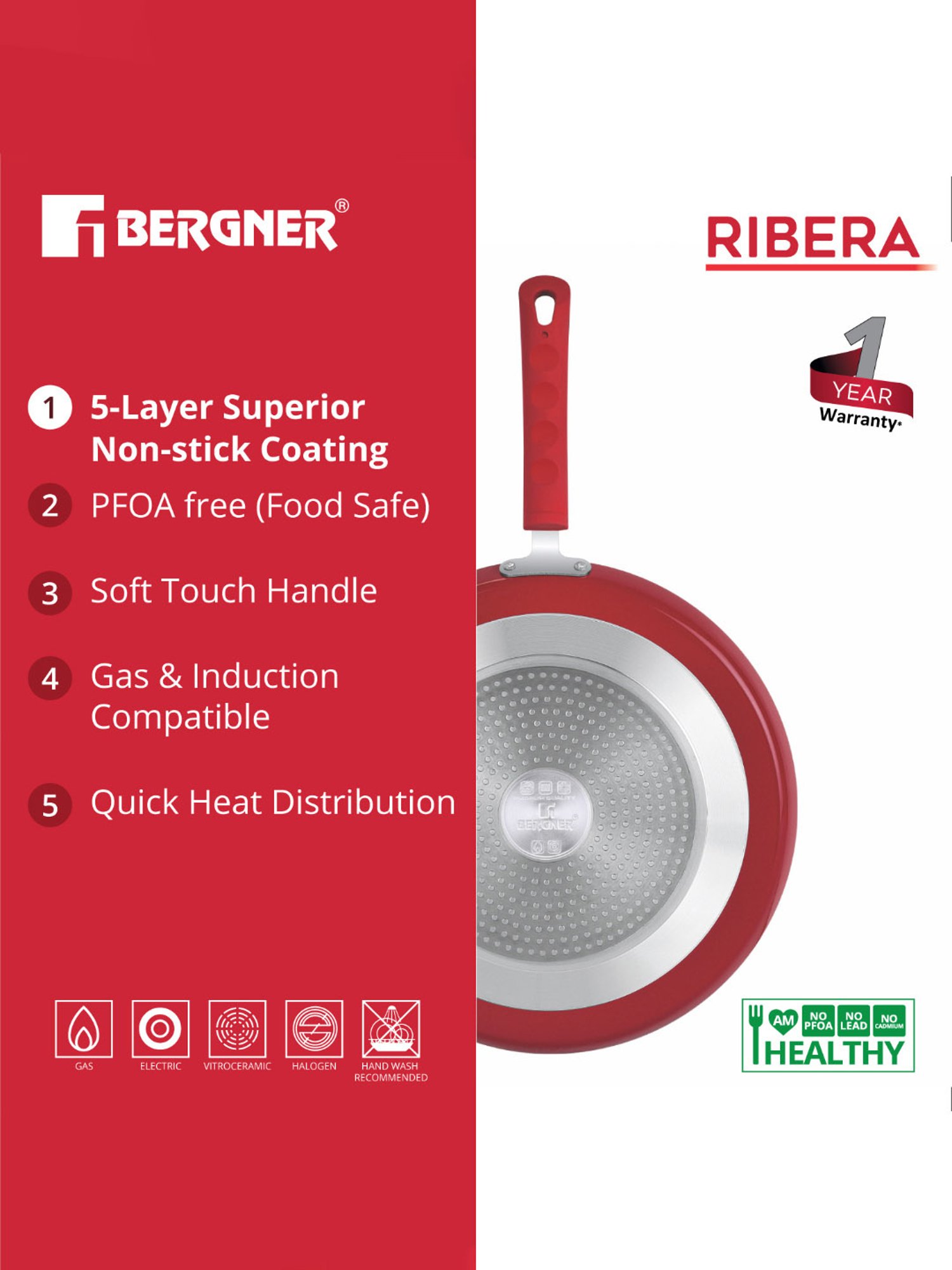 Bergner Ribera Red Non Stick Aluminium Induction Base Cookware Set of - 4 (2.6L)