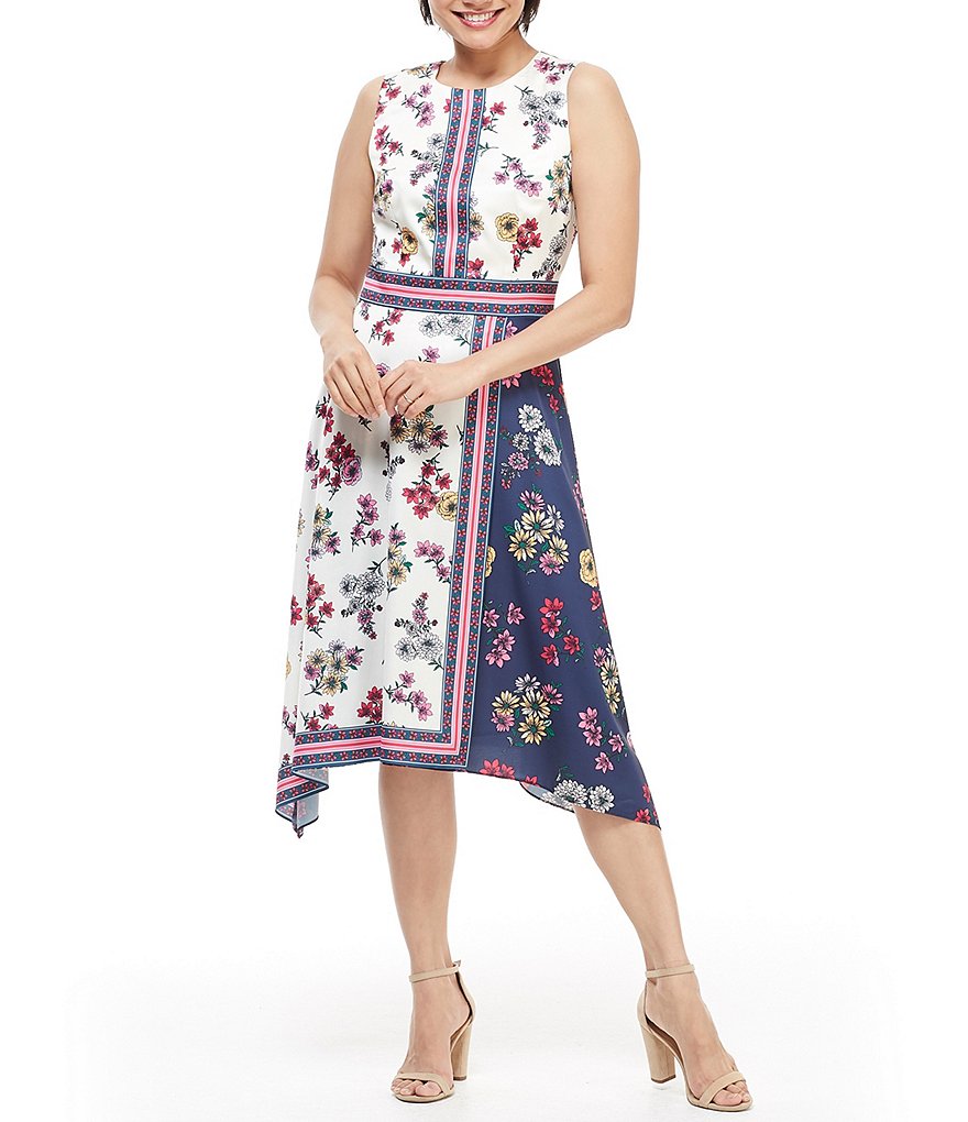 Maggy London Petite Size Floral Printed Asymmetrical Hem Sleeveless Scarf Dress
