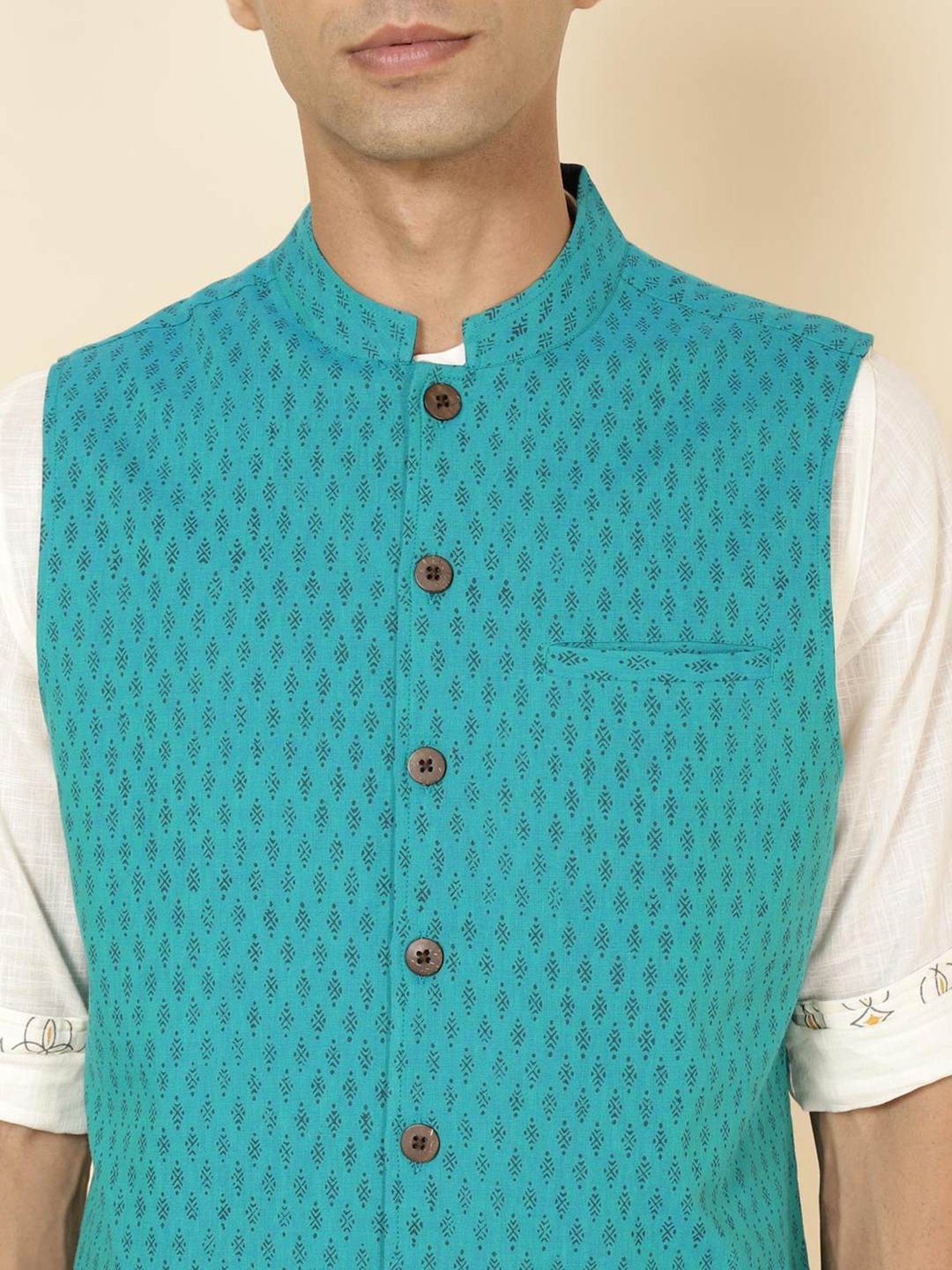 Fabindia Teal Cotton Regular Fit Printed Nehru Jacket