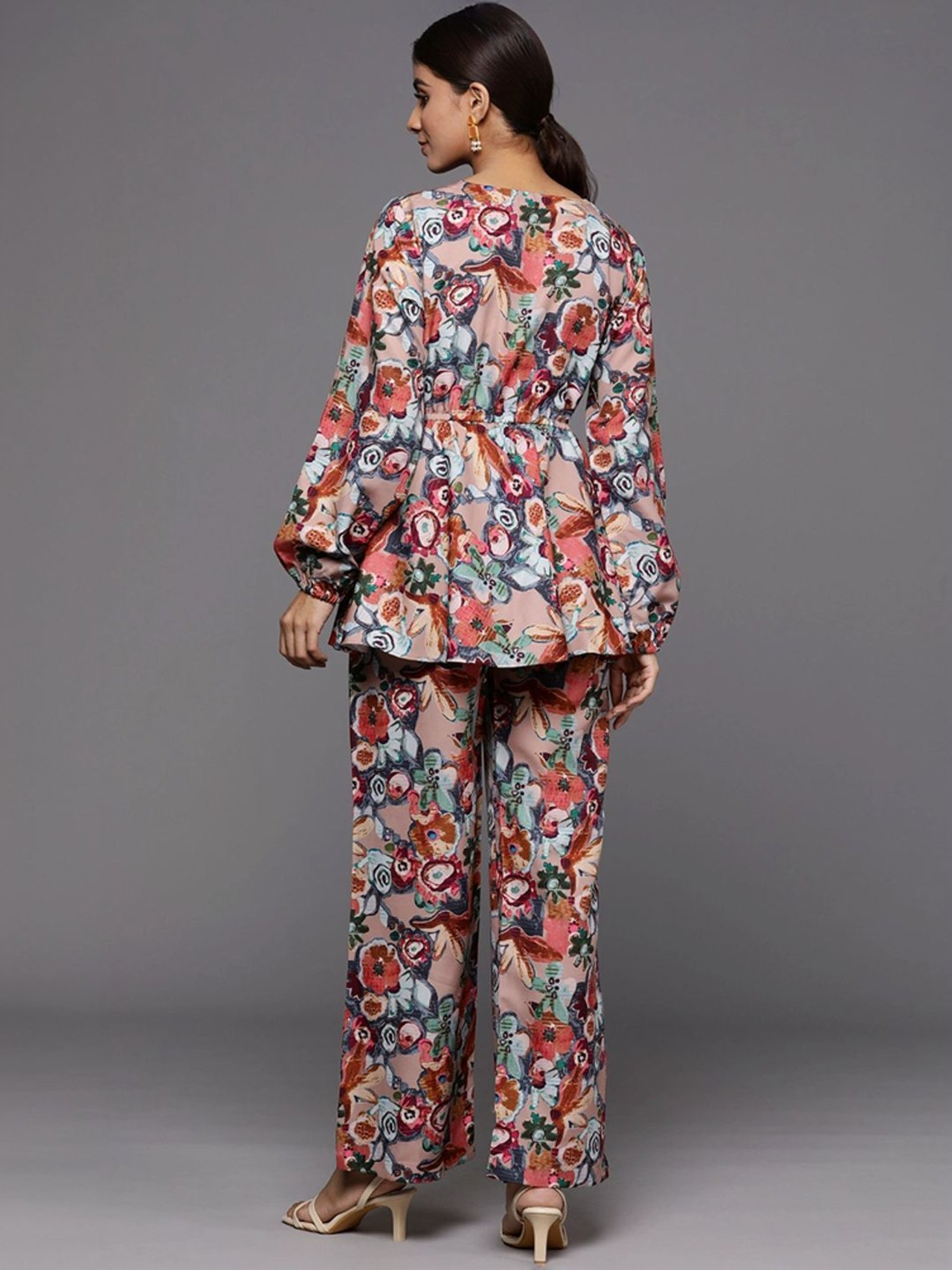 Varanga Beige Floral Print Top Pant Set