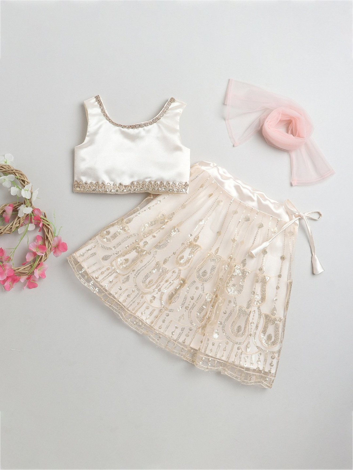 Many Frocks Kids Cream Embellished Lehenga, Choli with Dupatta