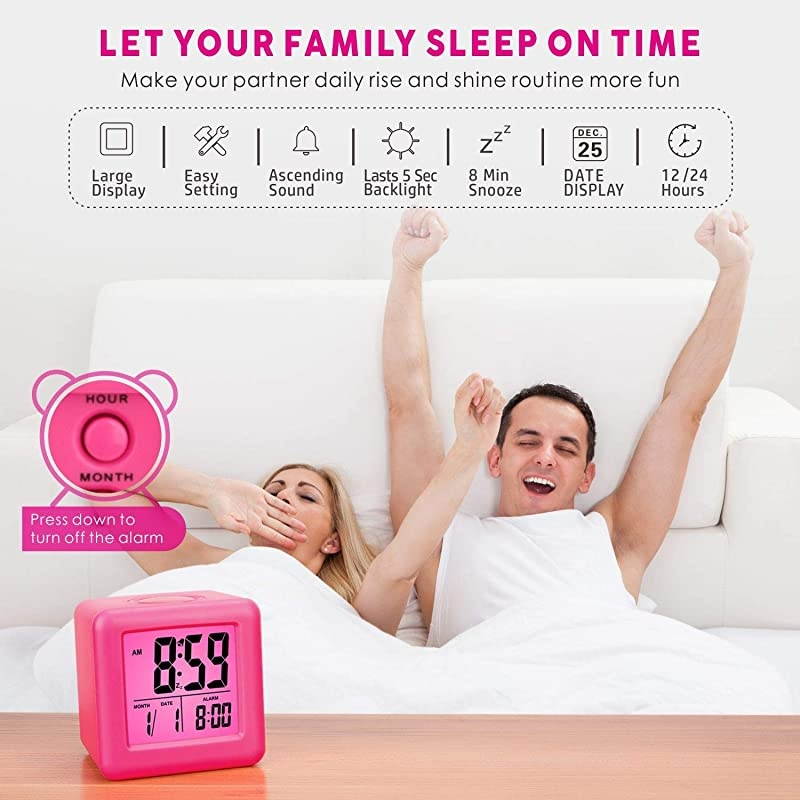 Digital Alarm Clocks Travel Clock with Snooze and Pink Nightlight Easy Setting Clock Display Time Date Alarm Ascending Sound Battery Powered Pink