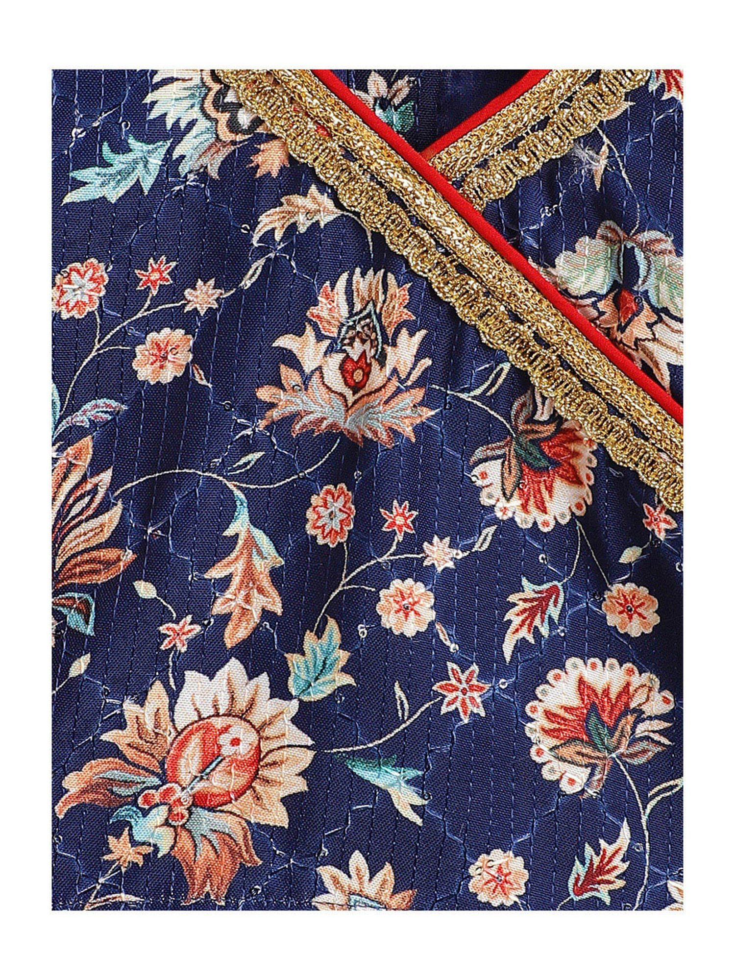 Campana Kids Navy & Red Floral Print Lehenga, Choli with Dupatta