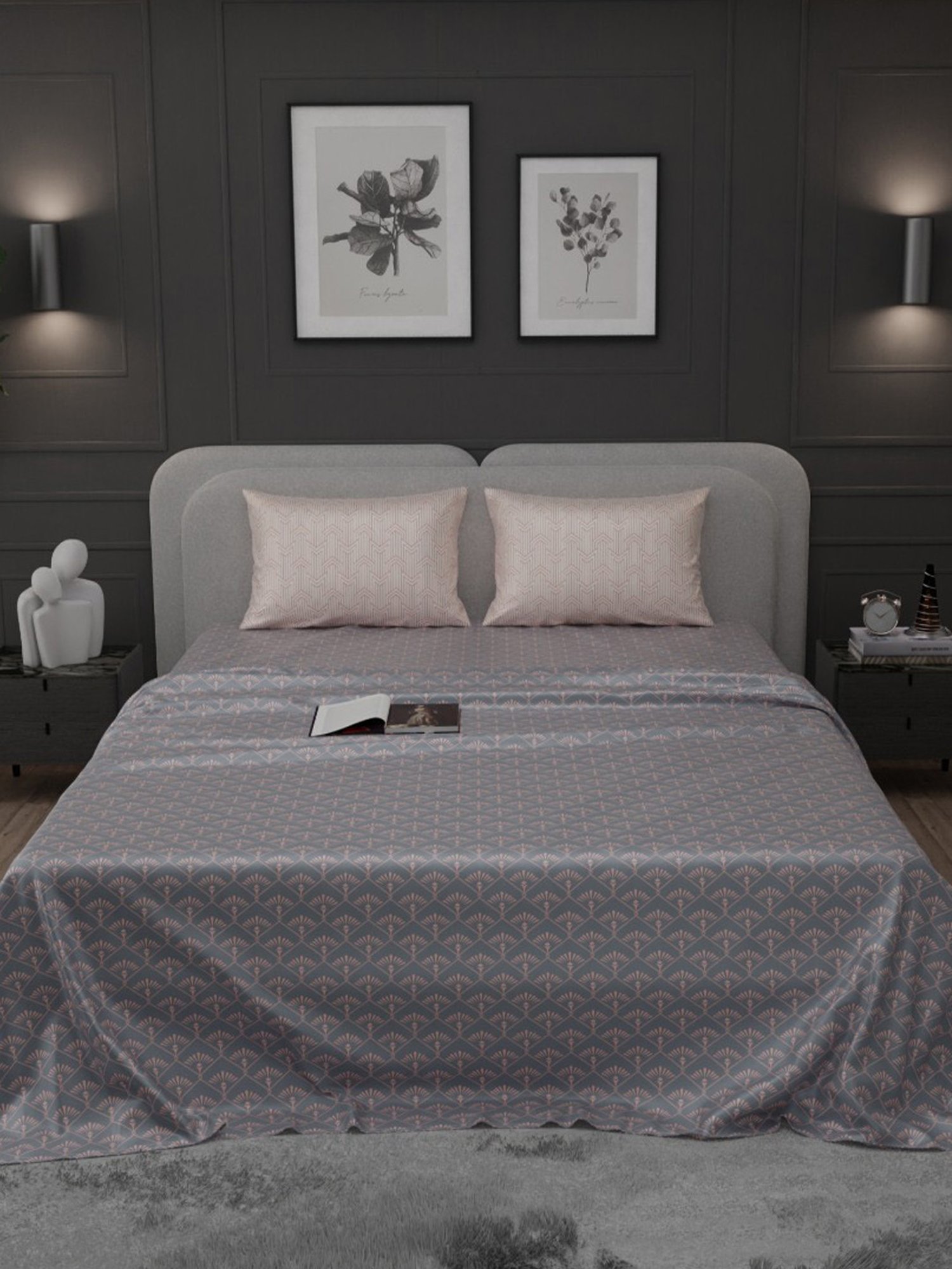 Stoa Paris Elegance Grey Polyester 300 TC Sateen King Size Bed Sheet With 2 Pillow Covers