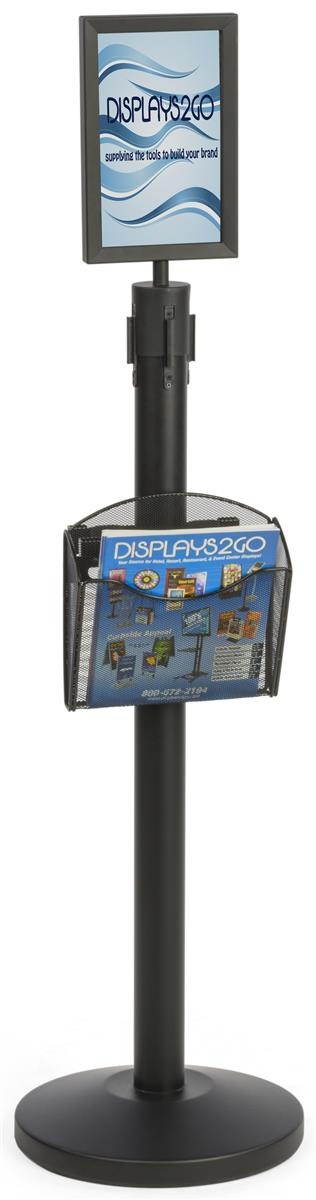 Stanchion with 6.5-Foot Black Rope Belt, Sign Frame Topper, Literature Brochure Pocket (Black Steel) (LSC1MS1SBK)