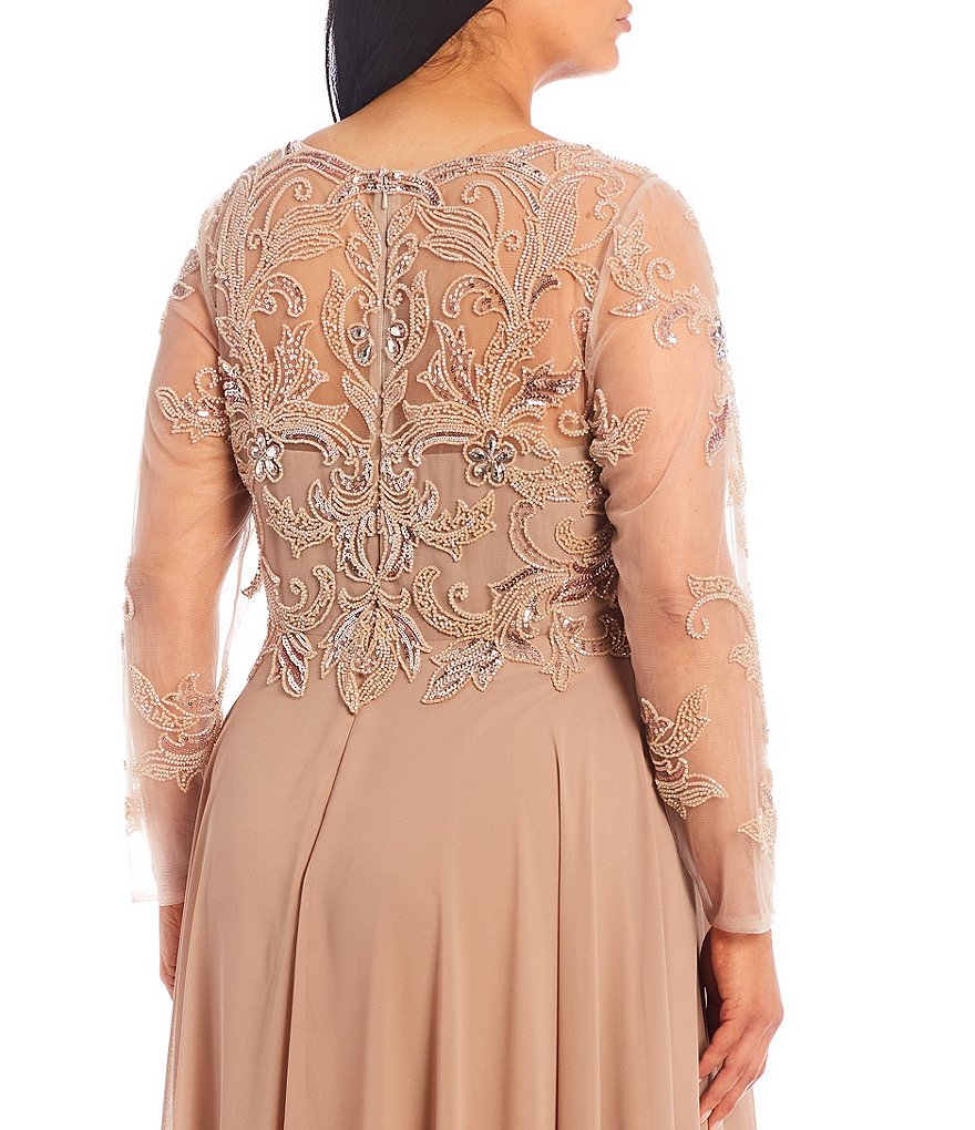 Xscape Plus Size Jewel Neck Long Sleeve Beaded Bodice Chiffon Gown