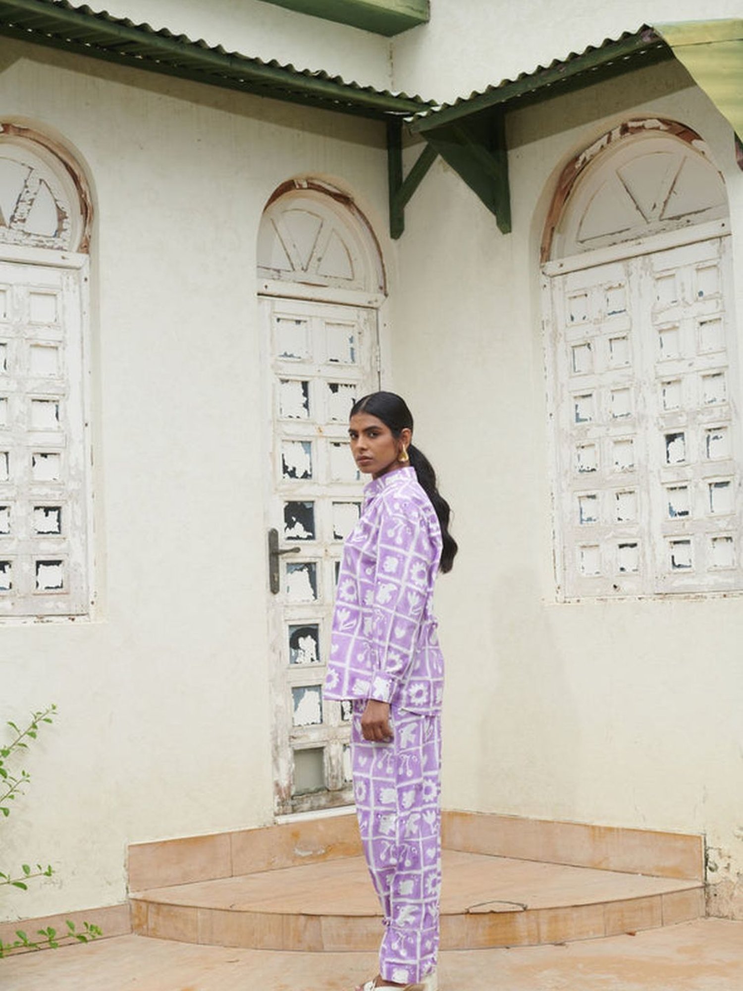 Khajoor Studio Purple & White Sundaze Hakuna Matata High Tea Tie Trousers