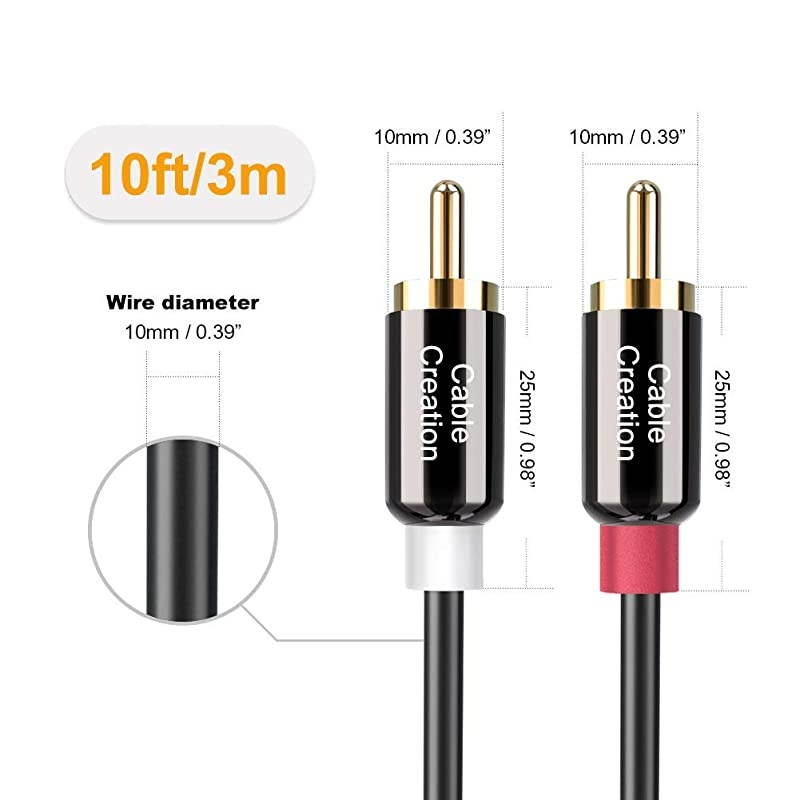 RCA Cable 10FT 2RCA Male to 2RCA Stereo Audio Cable GoldPlated Compatible with Speaker AMPTurntableReceiverHome Theater SubwooferDouble Shielded3M