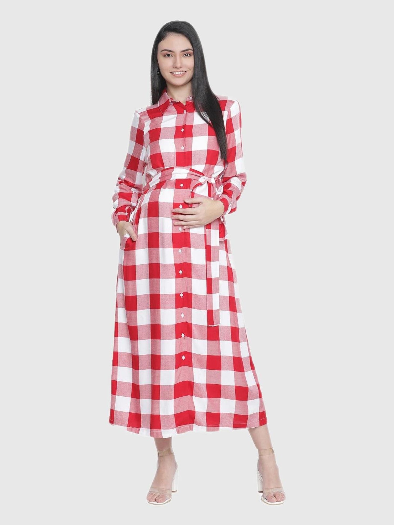 Oxolloxo Red Checks Maternity Dress