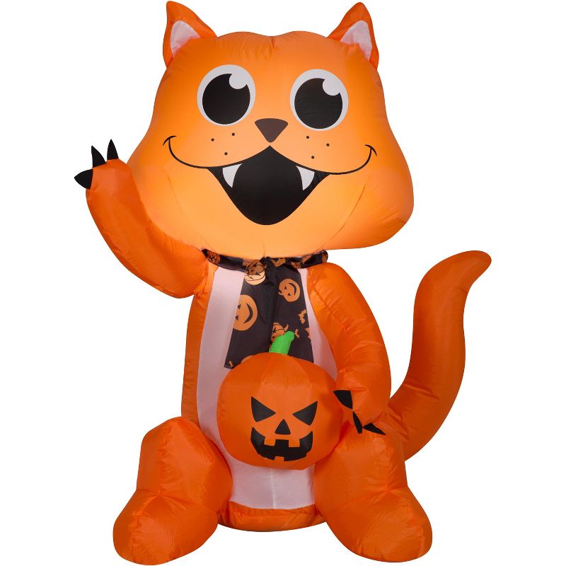 Gemmy Airblown Big Eyed Cat w/Scarf and Pumpkin (WM), 3.5 ft Tall, orange