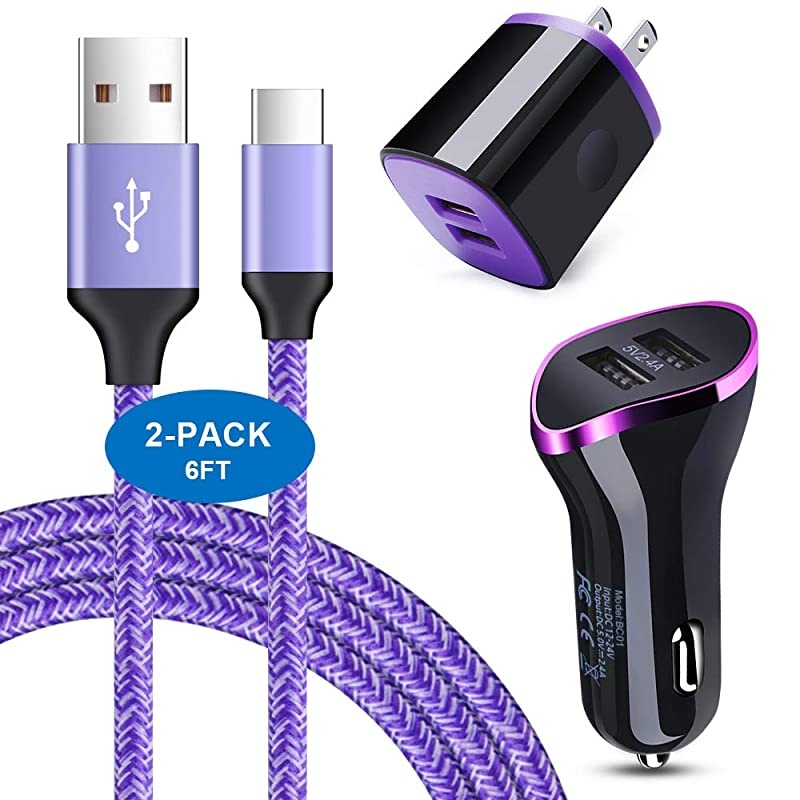 Type C Wall Charger Car Charger  USB Charging Block Plug+ 2PC Fast USB C Cable 6ft for Samsung Galaxy Note 10 S20+ S10 S9 A50 A10E A20E A51 A20S A01 LG Stylo 5 6 Moto G8 G7 Google Pixel 3a