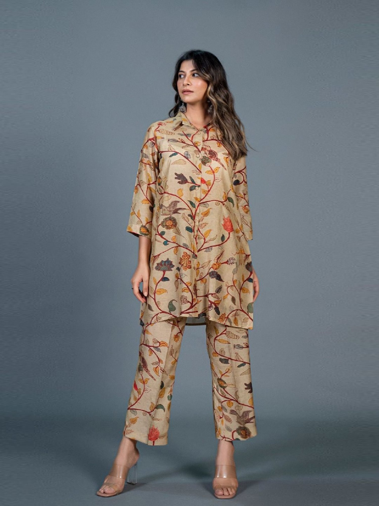 Eeshva India Beige Kalamkari Printed Co-Ord Set