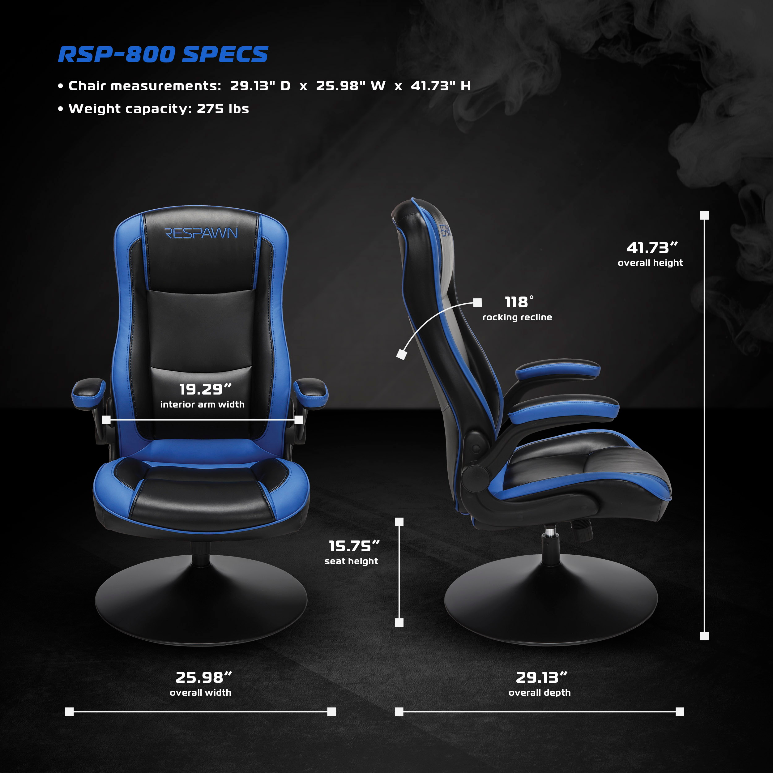 RESPAWN-800 Racing Style Gaming Rocker Chair, Rocking Gaming Chair, in Blue (RSP-800-BLK-BLU)