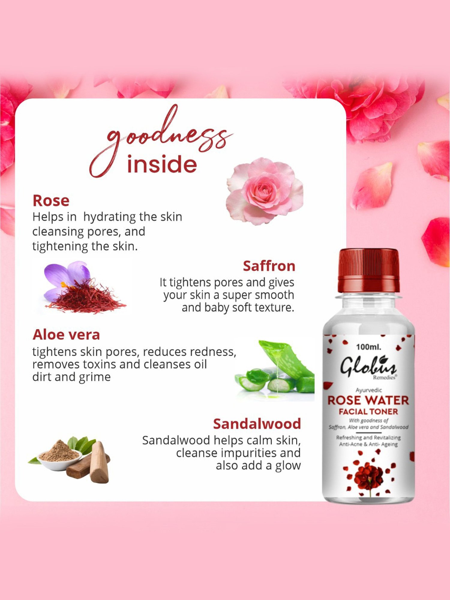 Globus Remedies Ayurvedic Rose Water Facial Toner - 100 ml