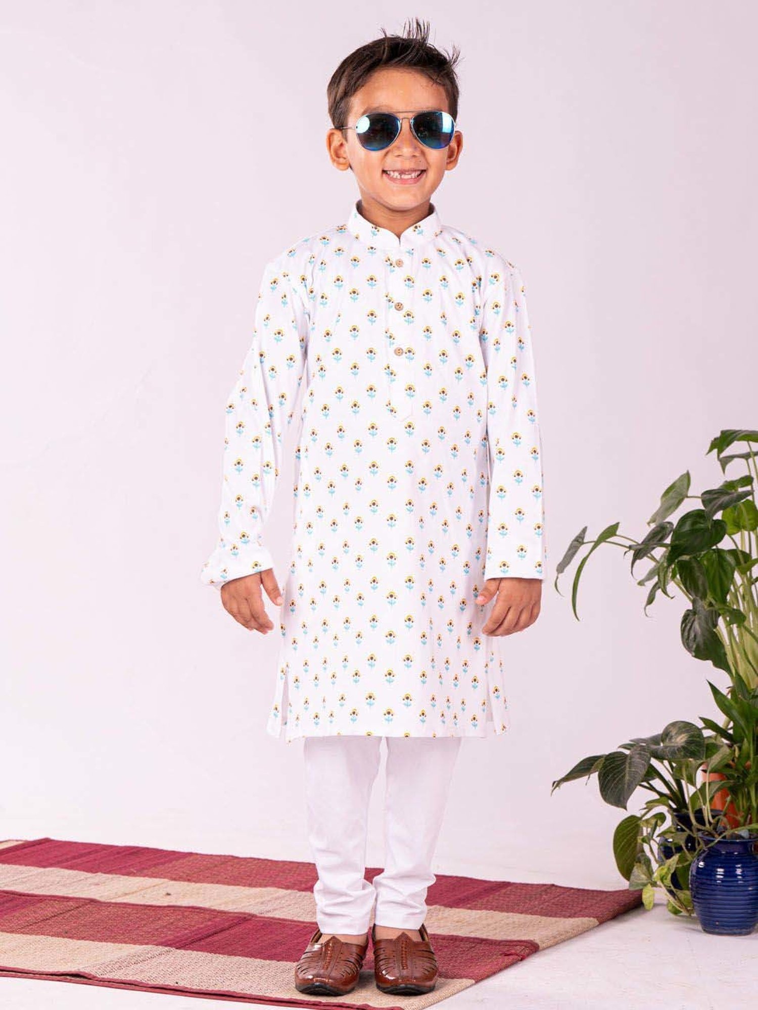 VASTRAMAY Boys White Cotton Printed Full Sleeves Kurta Sets