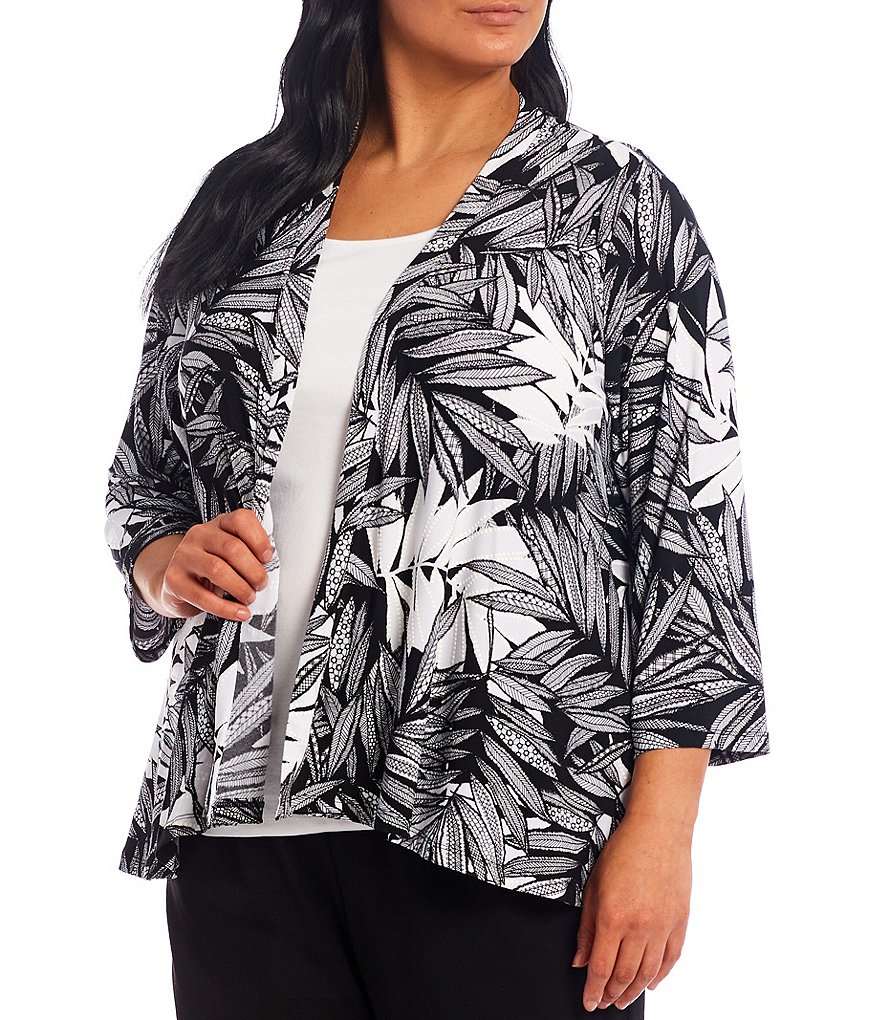 Allison Daley Plus Size Tribal Palm Puff Print 3/4 Sleeve Drape Open-Front Cardigan