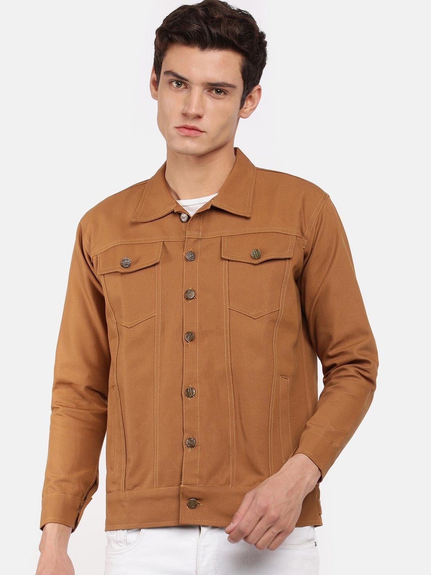 VOXATI Brown Full Sleeves Shirt Collar Denim Jacket