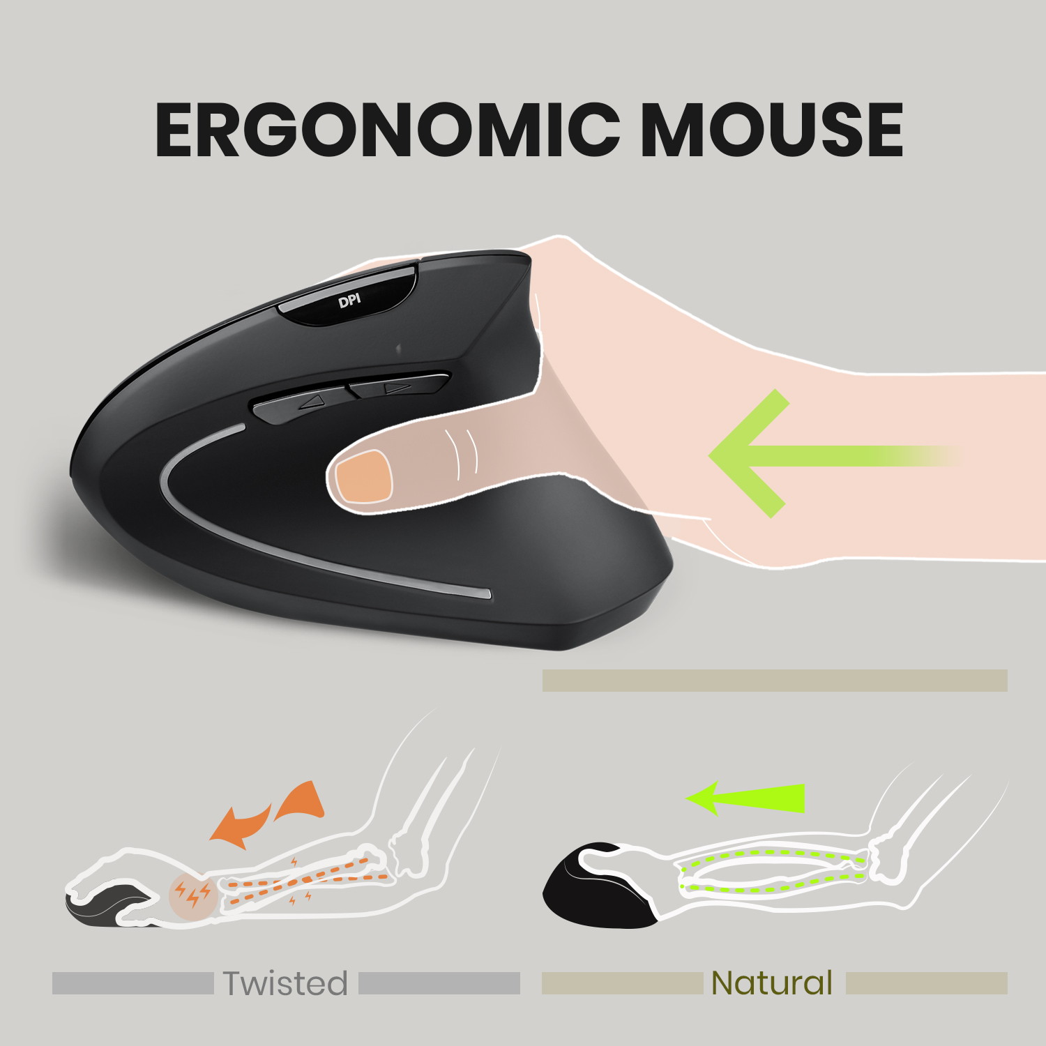 Perixx PERIMICE-713 Wireless Ergonomic Vertical Mouse - 1000/1500/2000 DPI - Right Handed - Recommended with RSI User