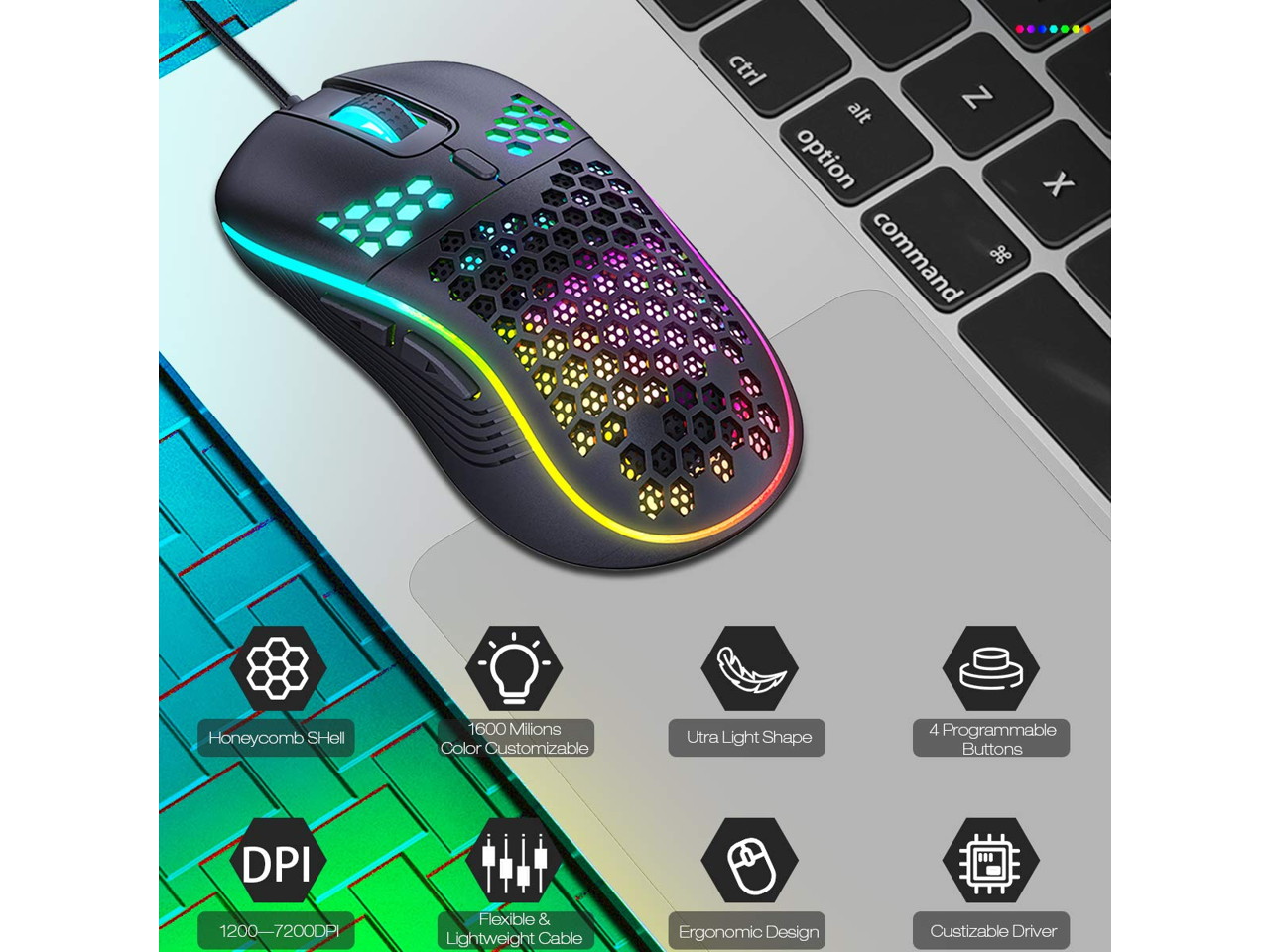 Wired Gaming Mouse Rechargeable USB PC Gaming Mouse RGB Backlit Mouse Ergonomic Optical Mice W/Honeycomb Shell for PC Computer Laptop 7200DPI