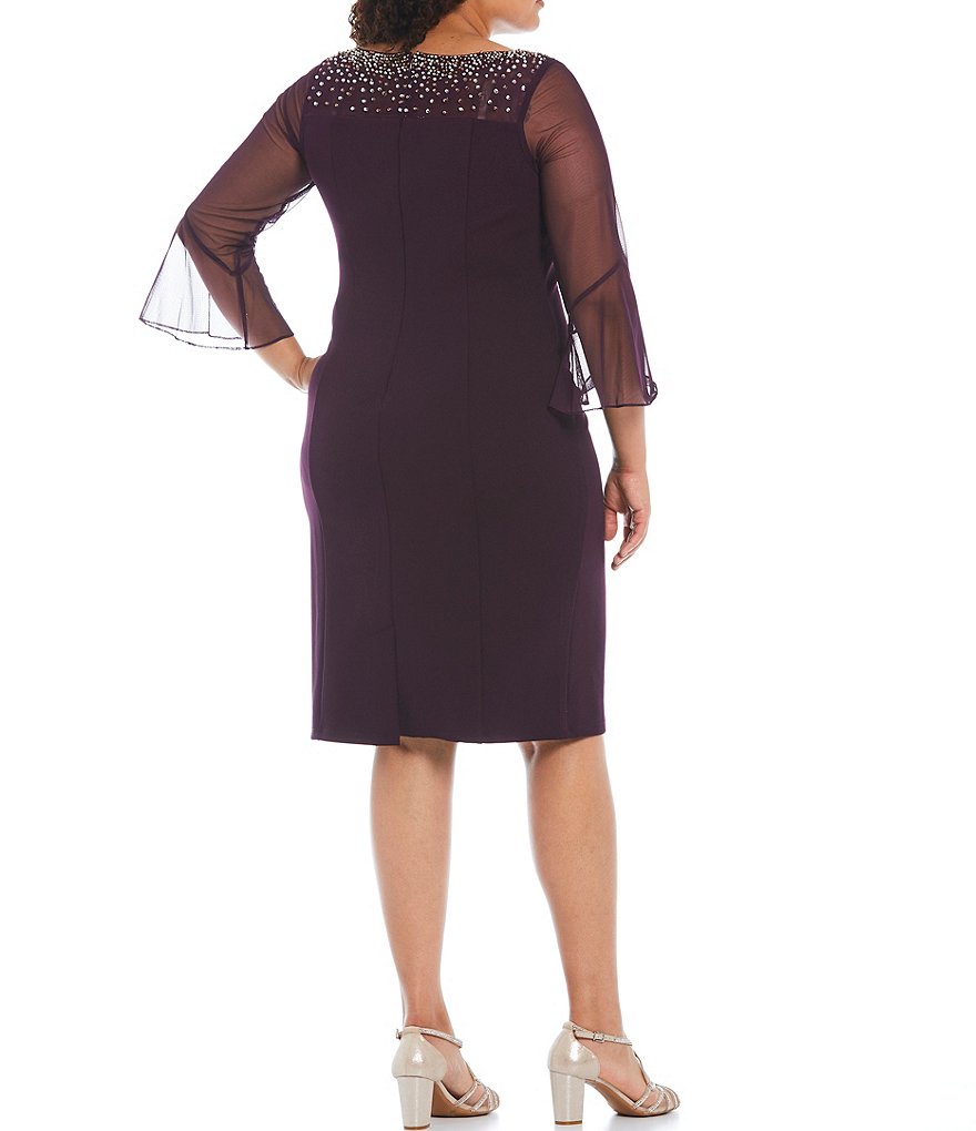 Alex Evenings Plus Size Stretch Crepe Embellished 3/4 Bell Sleeve Illusion Boat Neck Sheath Dress