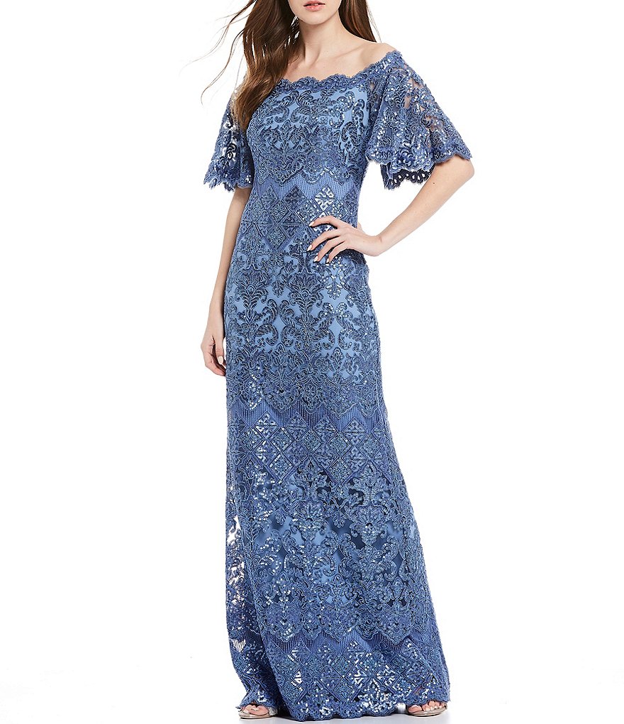 Tadashi Shoji Off-the-Shoulder Sequin Lace Scalloped Hem Gown