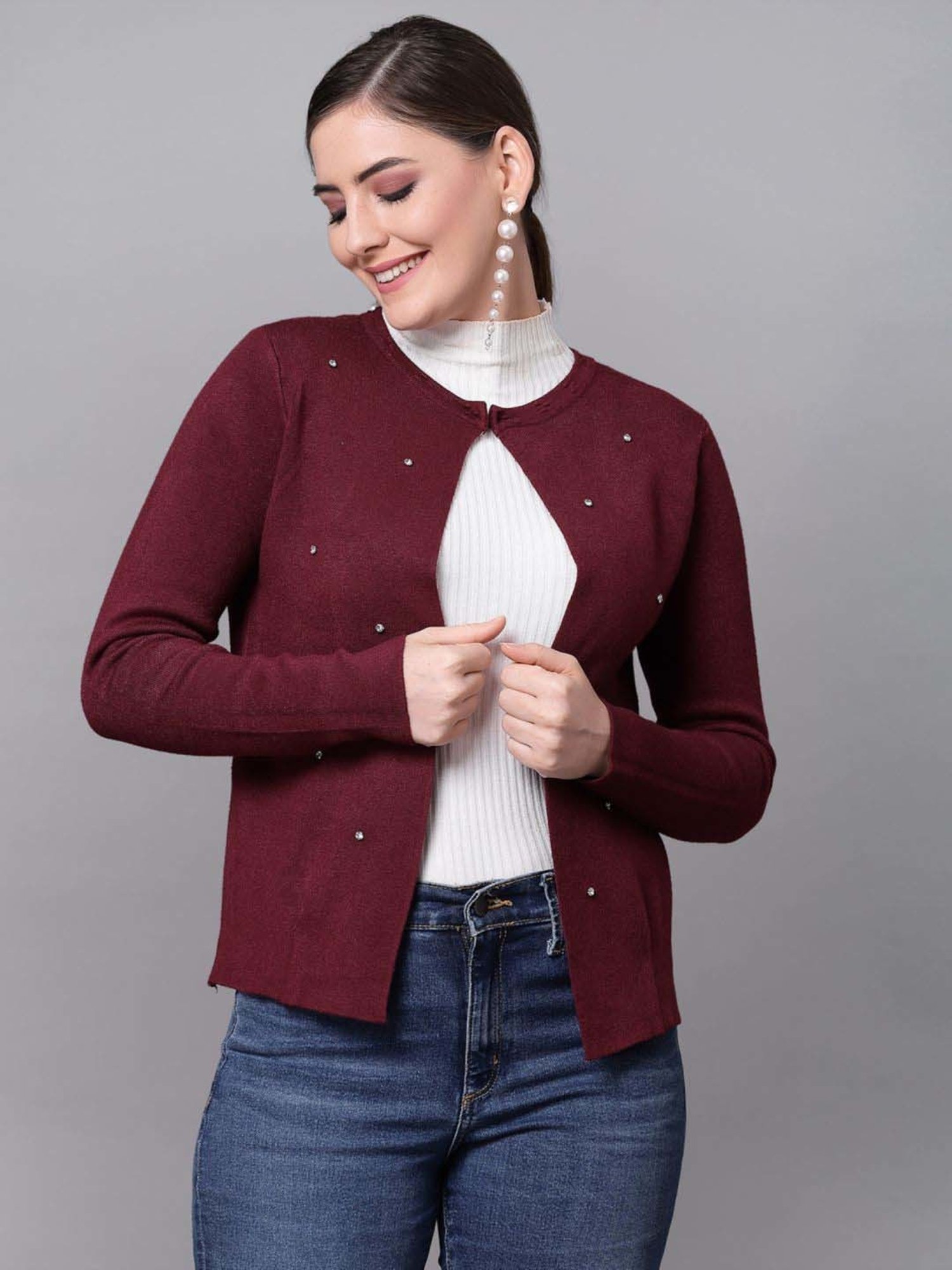 Mafadeny Maroon Embellished Shrug
