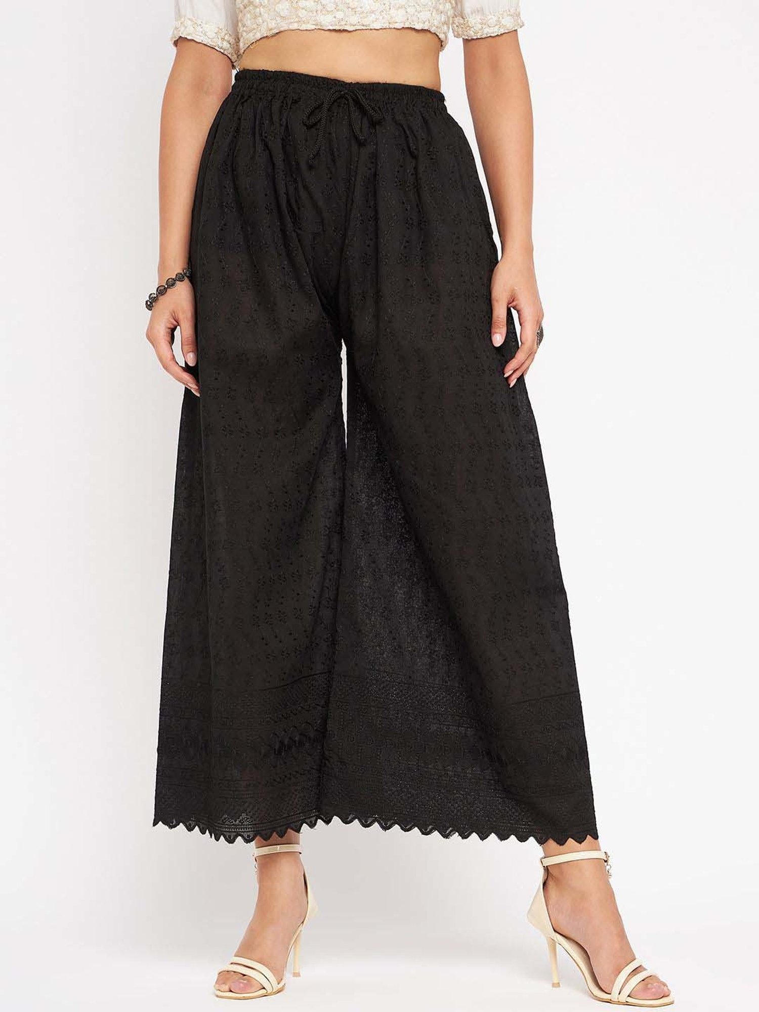 Castle Black Cotton Embroidered Palazzos