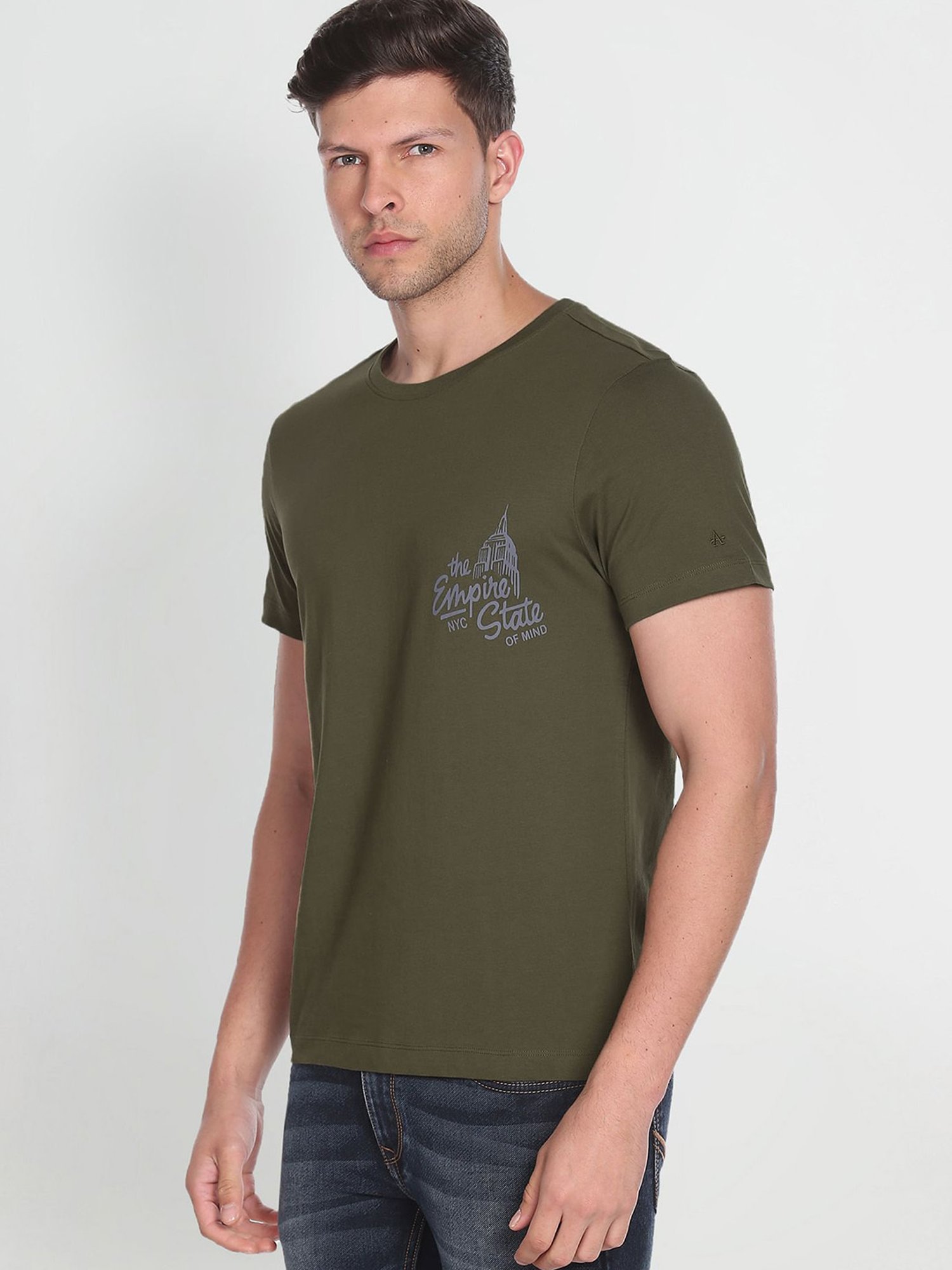 Arrow Sport Olive Cotton Regular Fit Printed T-Shirt