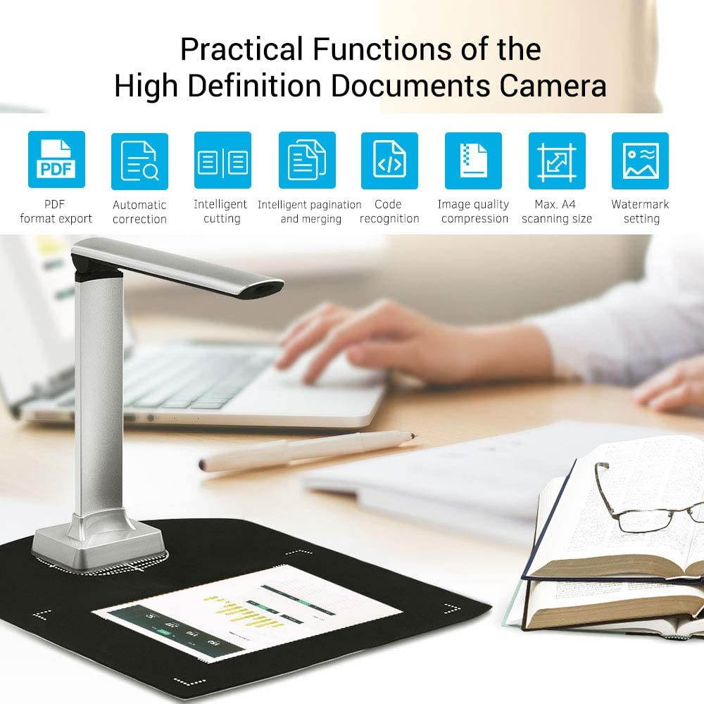 BK30 5 million pixels Document Camera High Definition Portable Scanner A4 Scanners for File Recognition, Computer, Classroom, Online Classes and Office Card Passport Recognition Document Scanner