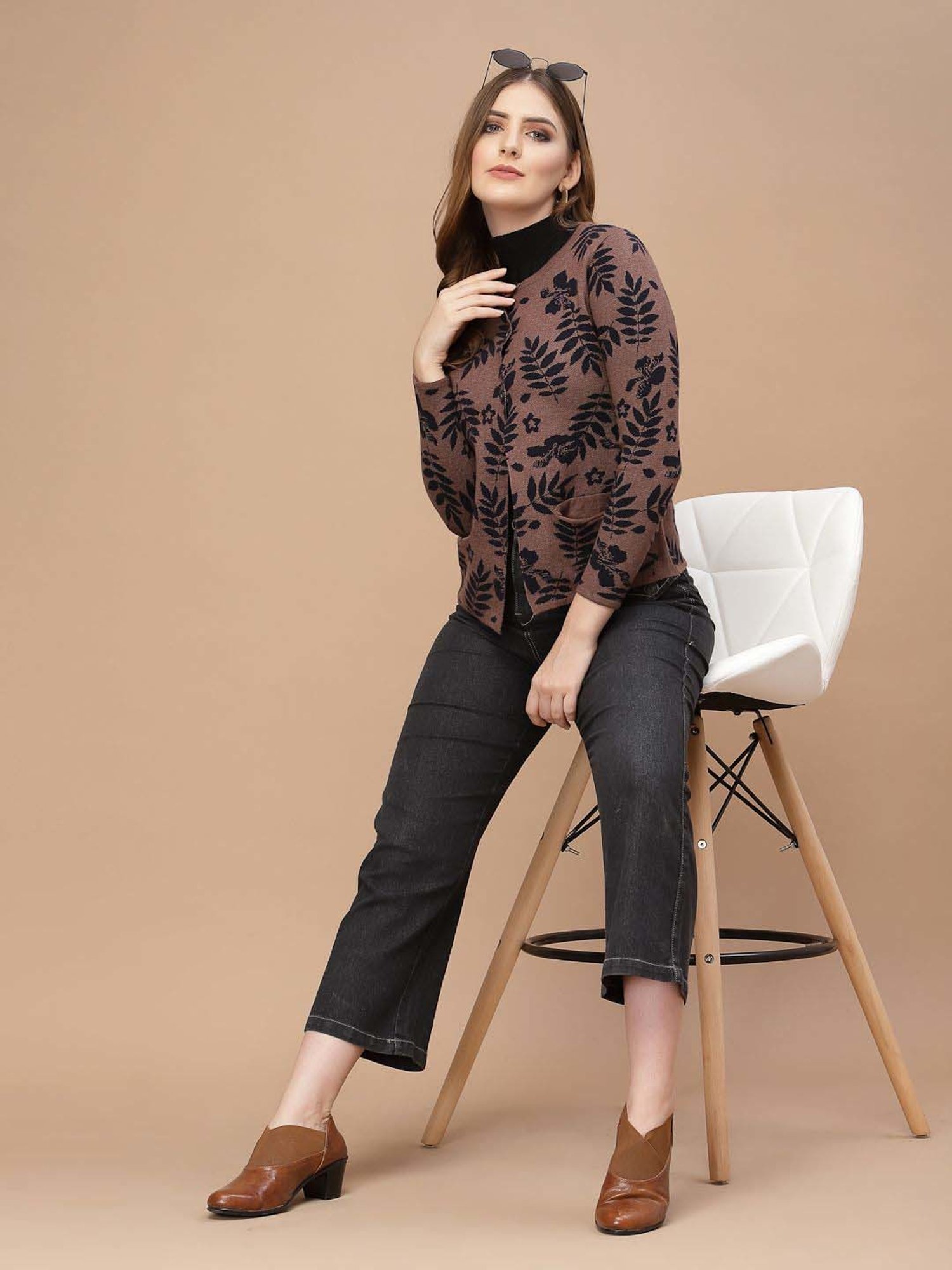 Mafadeny Brown Printed Cardigan