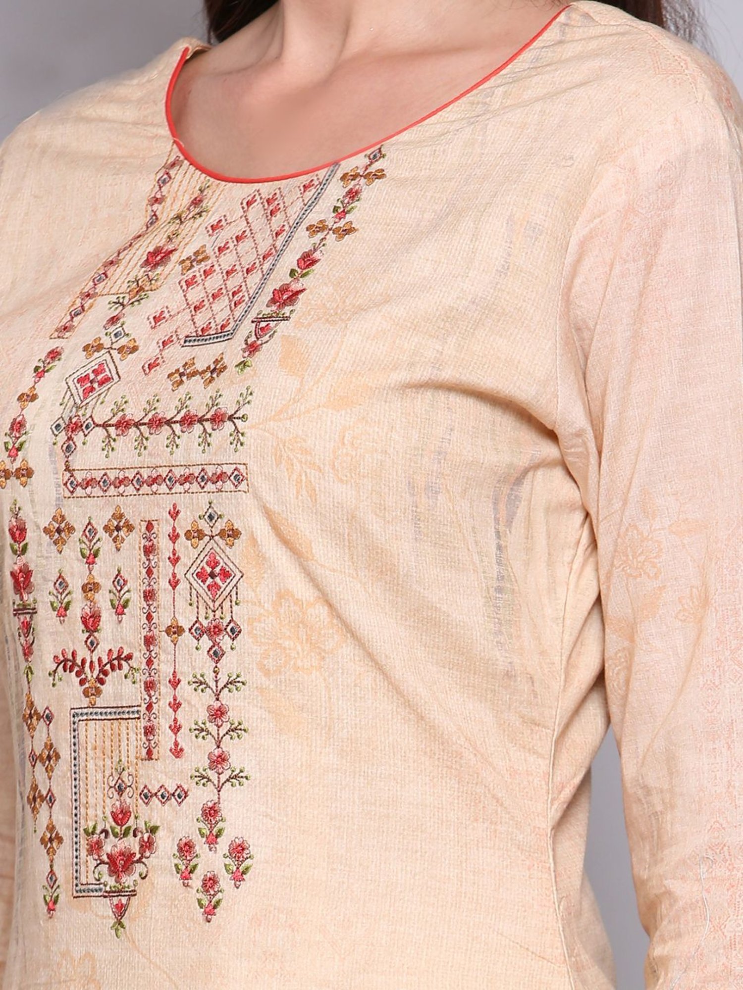 Stylee LIFESTYLE Beige Cotton Embroidered Unstitched Dress Material